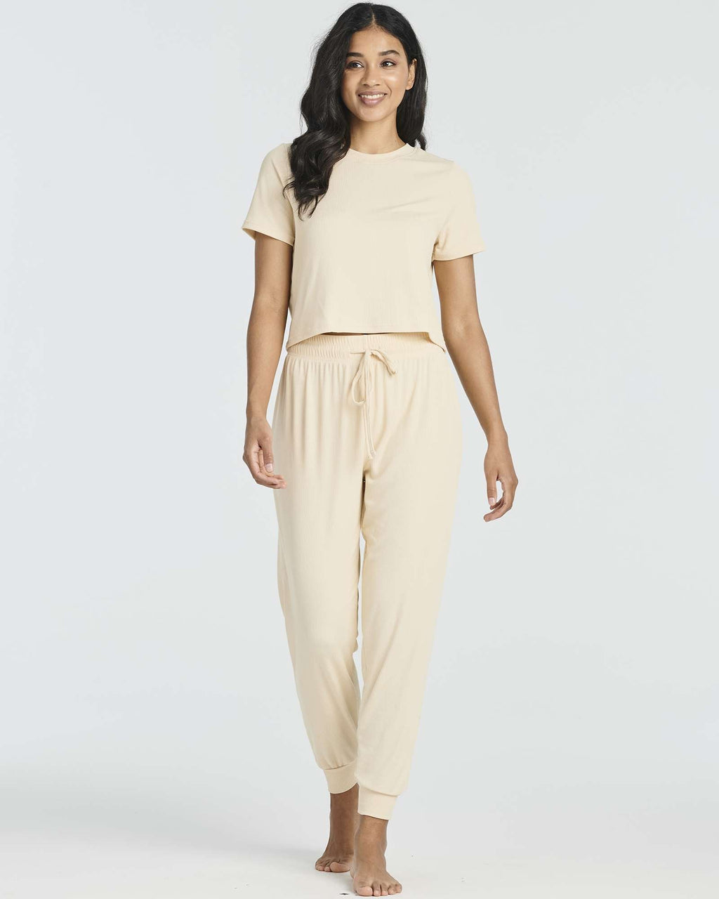 2 Pack: Women's Ribbed Knit Cropped Top with Jogger Sweatpants