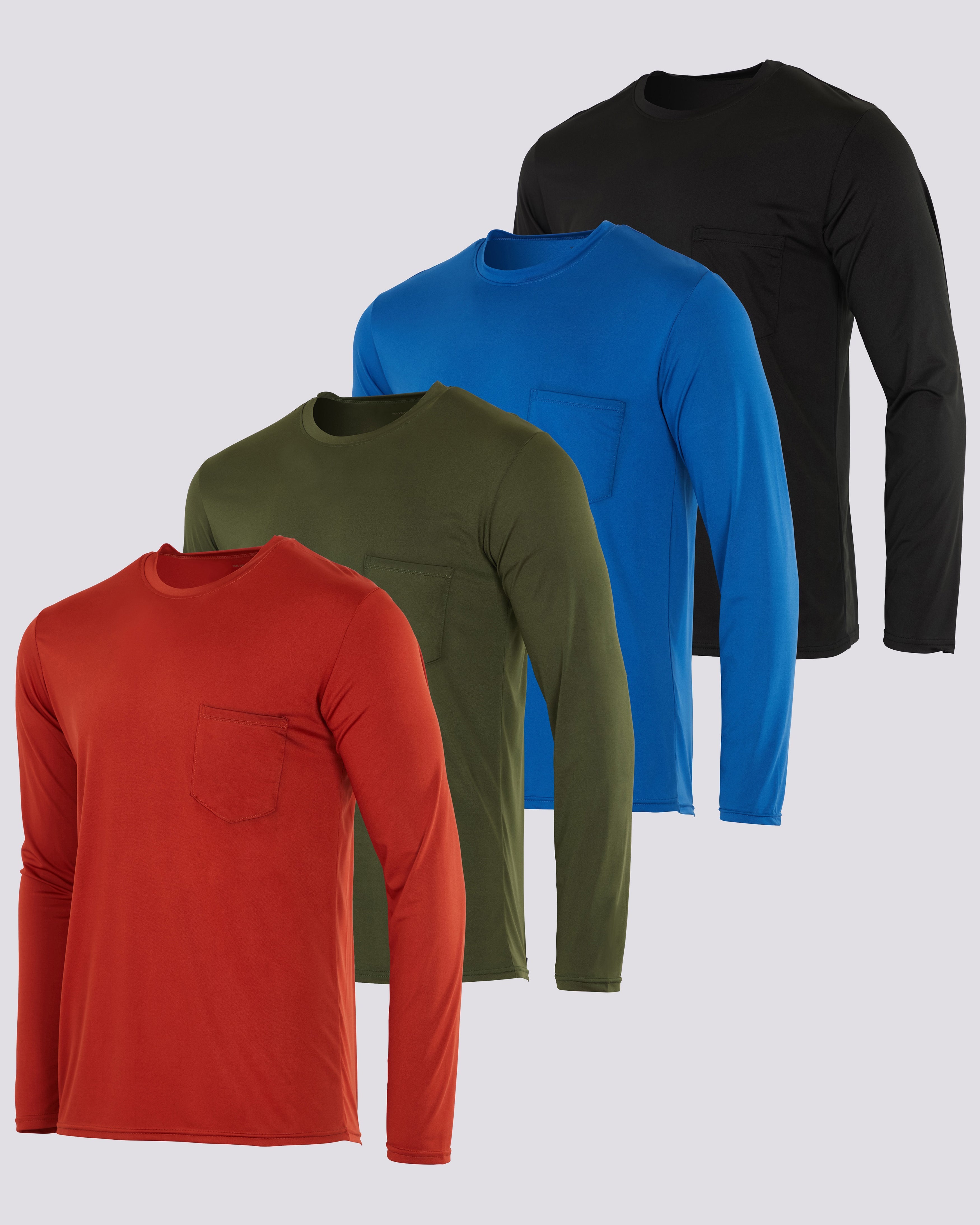 4 Pack: Mens Dry-Fit Long Sleeve Pocket Crew T-Shirt