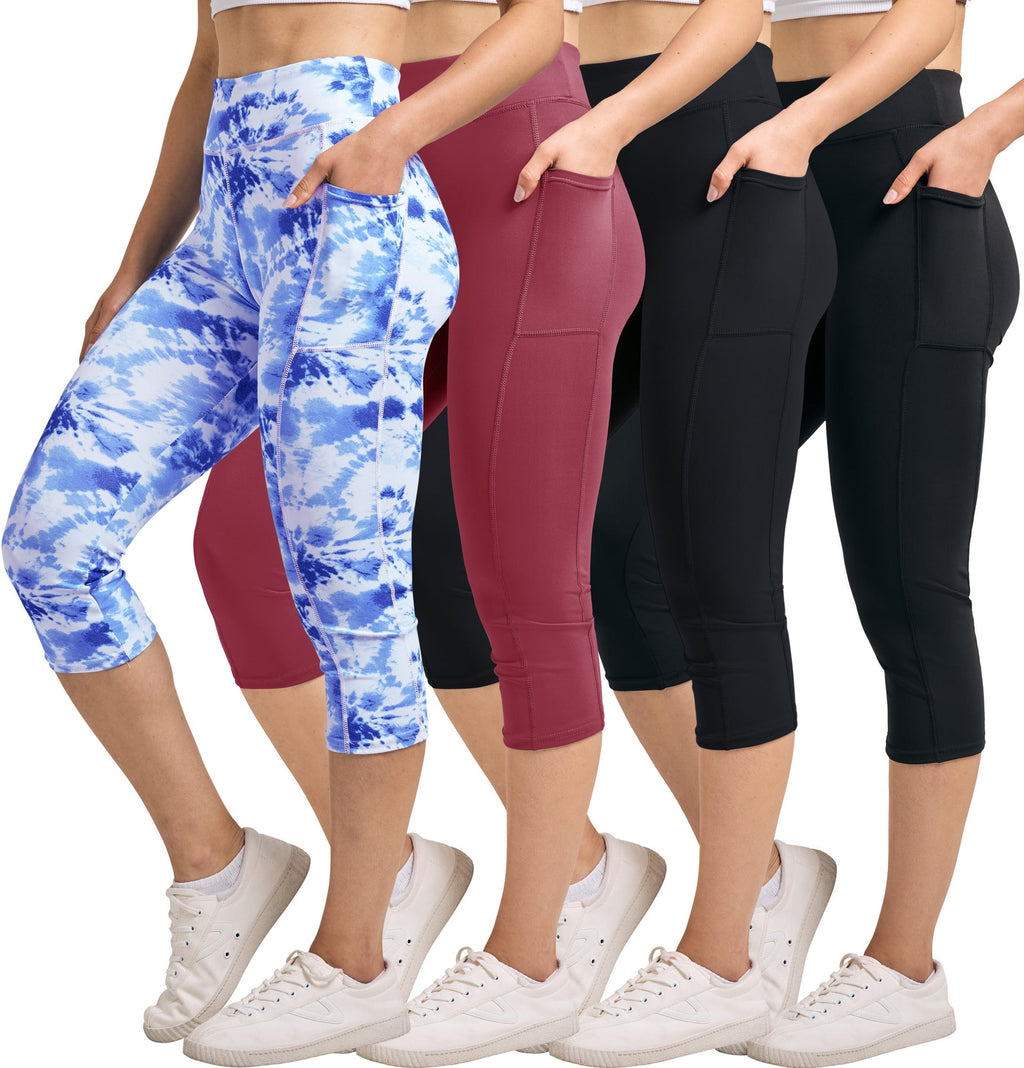 4 Pack: Women's Capri Leggings with Pockets (Available in Plus Size)