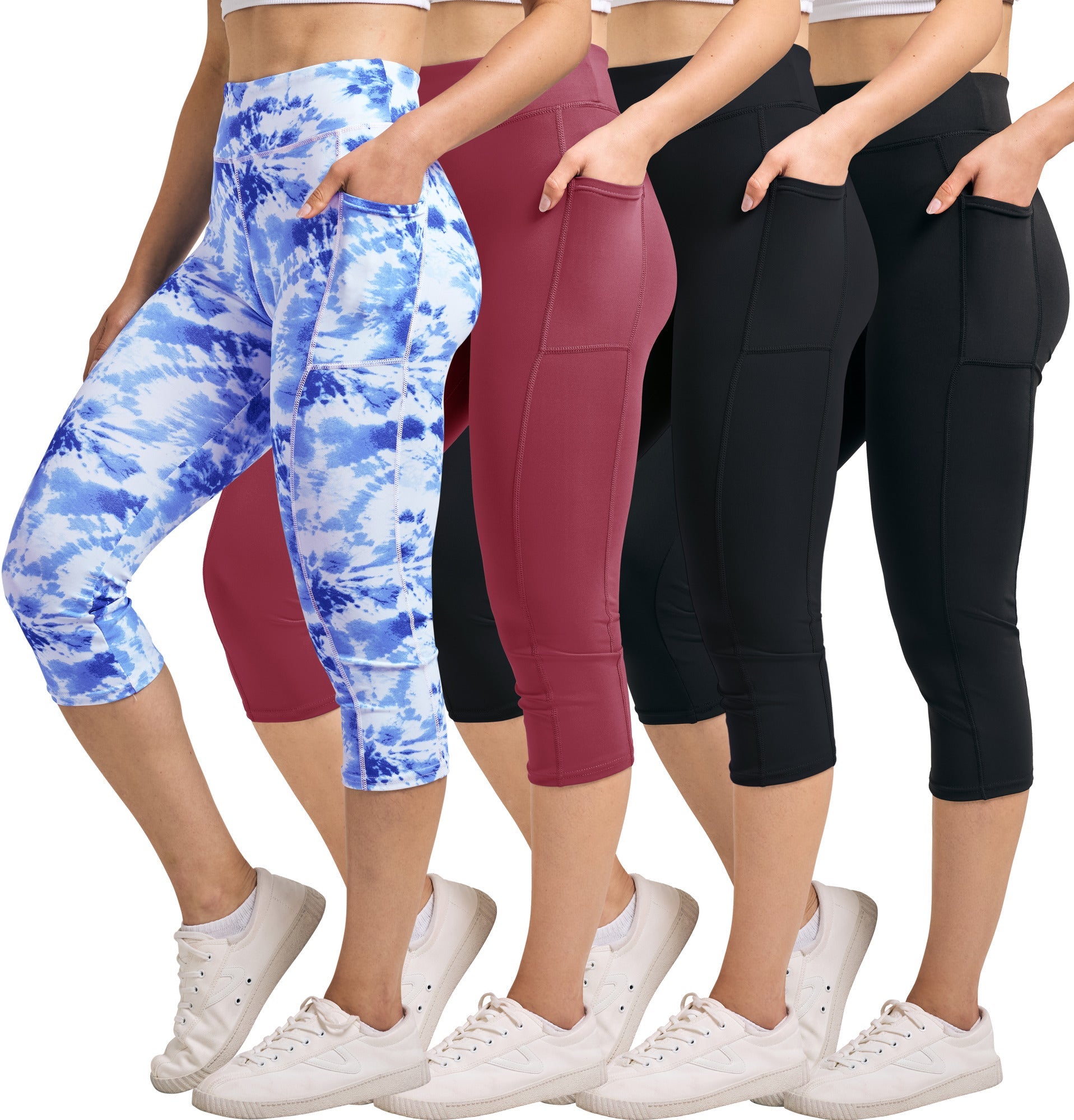 4 Pack: Women's Capri Leggings with Pockets (Available in Plus Size)