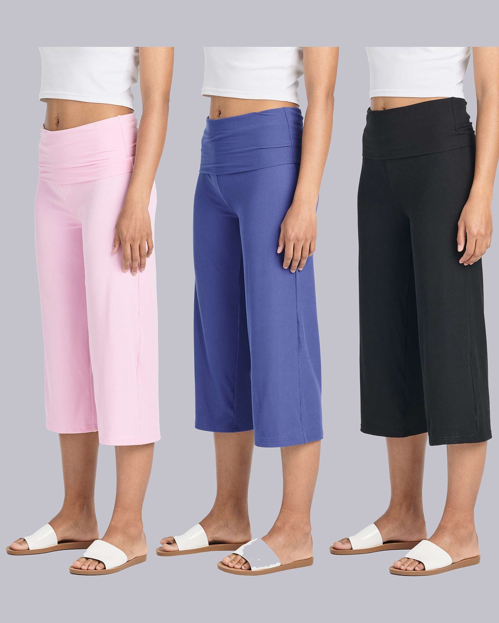 3 Pack: Women's Ribbed Foldover Wide Leg Capri Pants