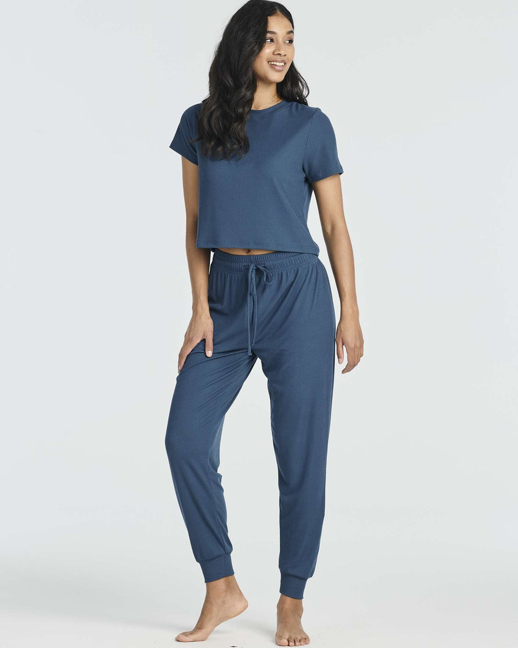 2 Pack: Women's Ribbed Knit Cropped Top with Jogger Sweatpants