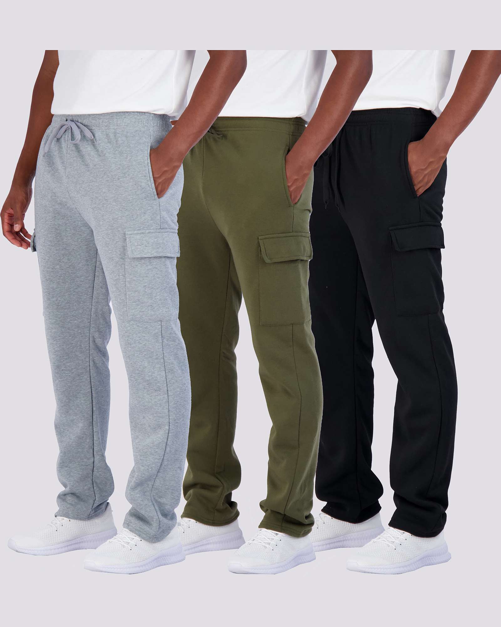 3 Pack: Mens Fleece Cargo Open Bottom Sweatpants