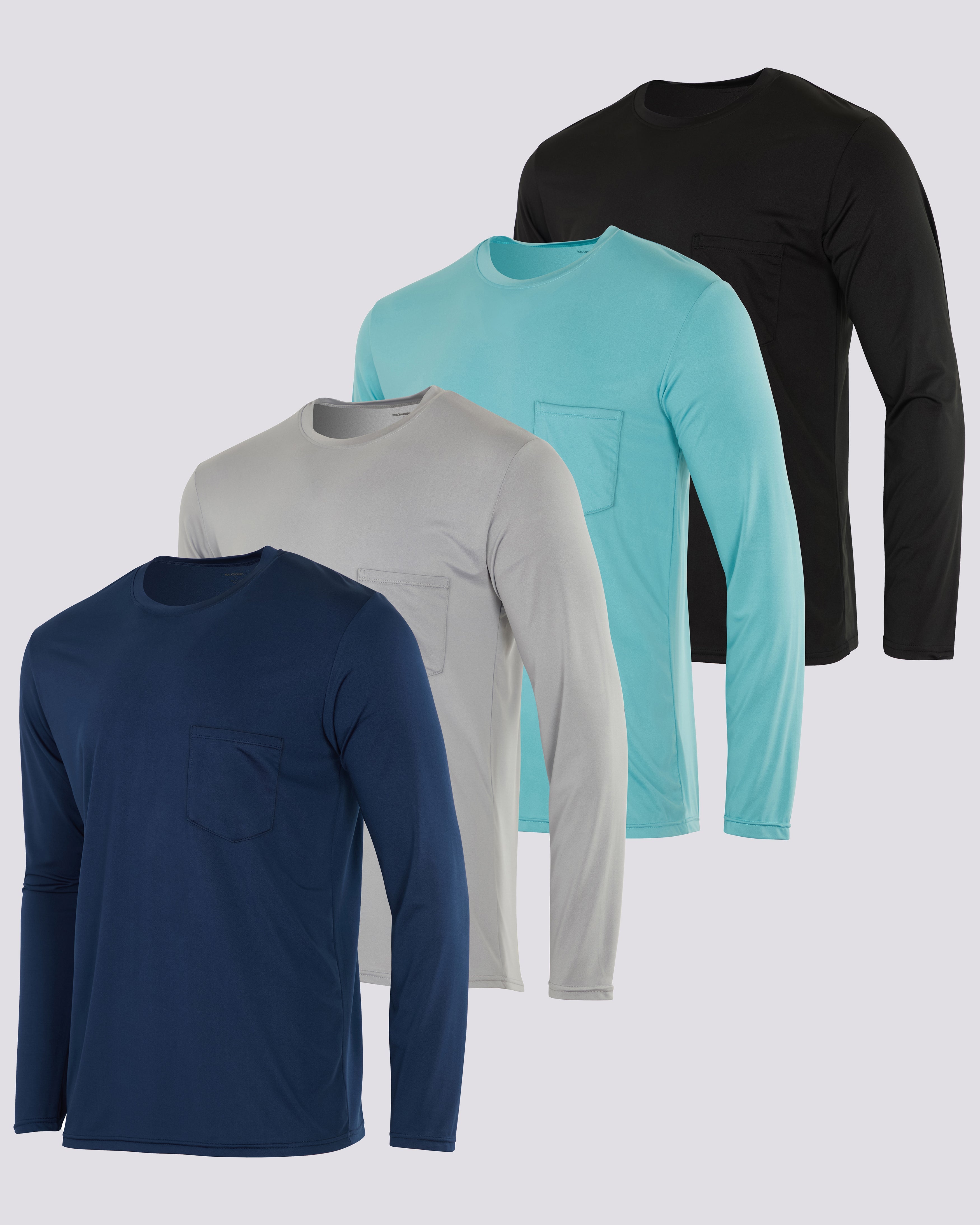 4 Pack: Mens Dry-Fit Long Sleeve Pocket Crew T-Shirt