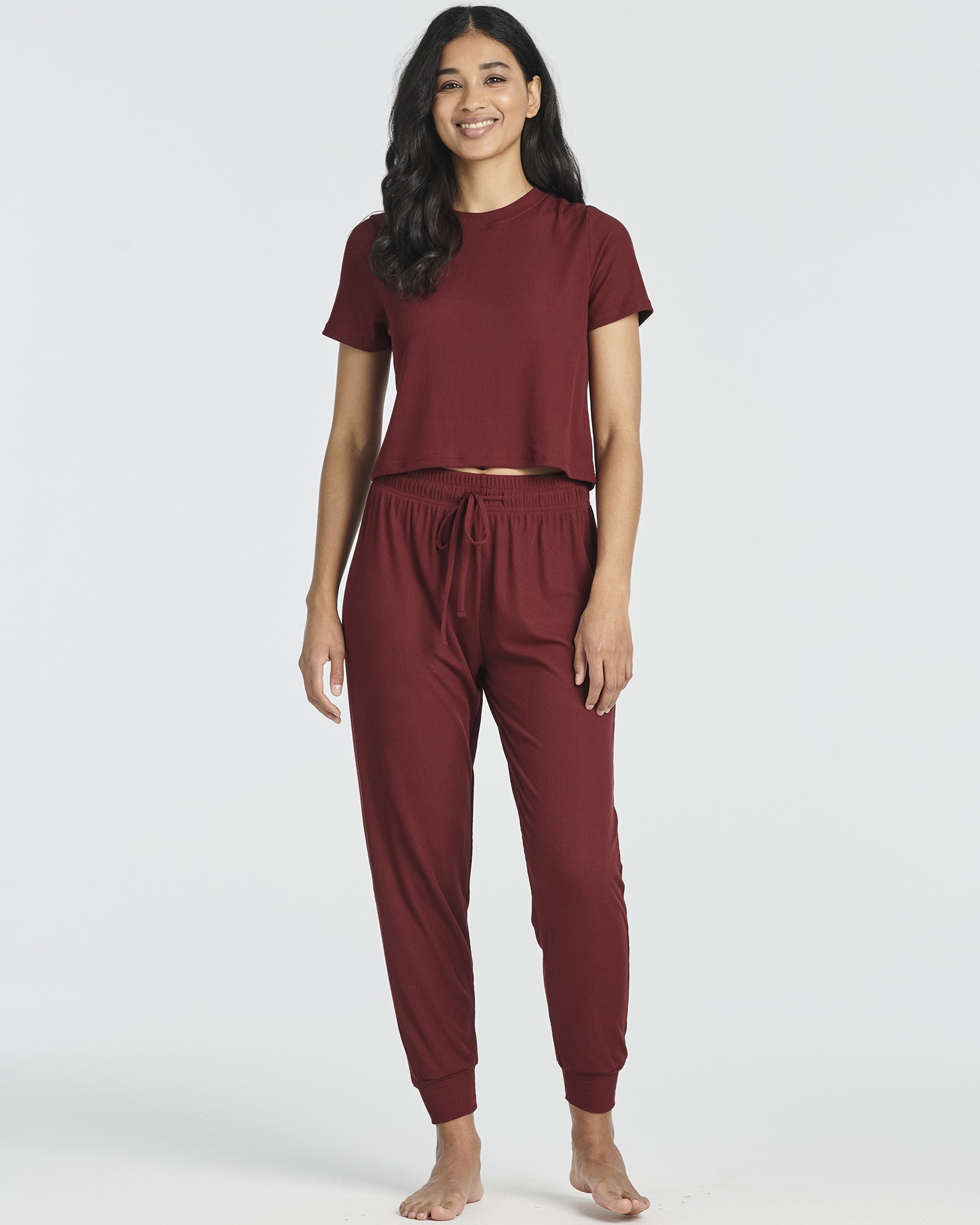 2 Pack: Women's Ribbed Knit Cropped Top with Jogger Sweatpants
