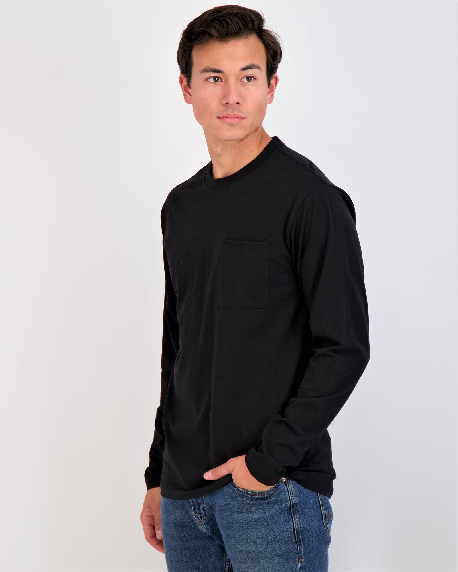 3 Pack: Mens Cotton Long Sleeve Crew Neck Pocket T-Shirt
