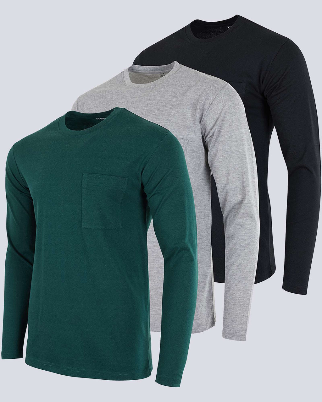 3 Pack: Mens Cotton Long Sleeve Crew Neck Pocket T-Shirt