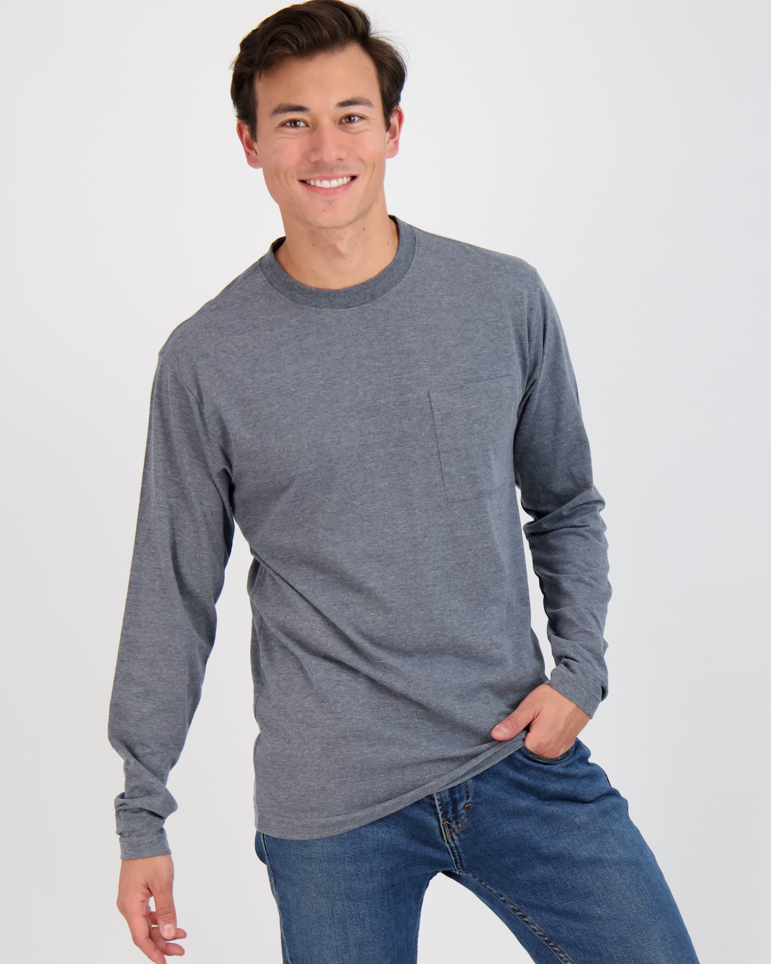 3 Pack: Mens Cotton Long Sleeve Crew Neck Pocket T-Shirt
