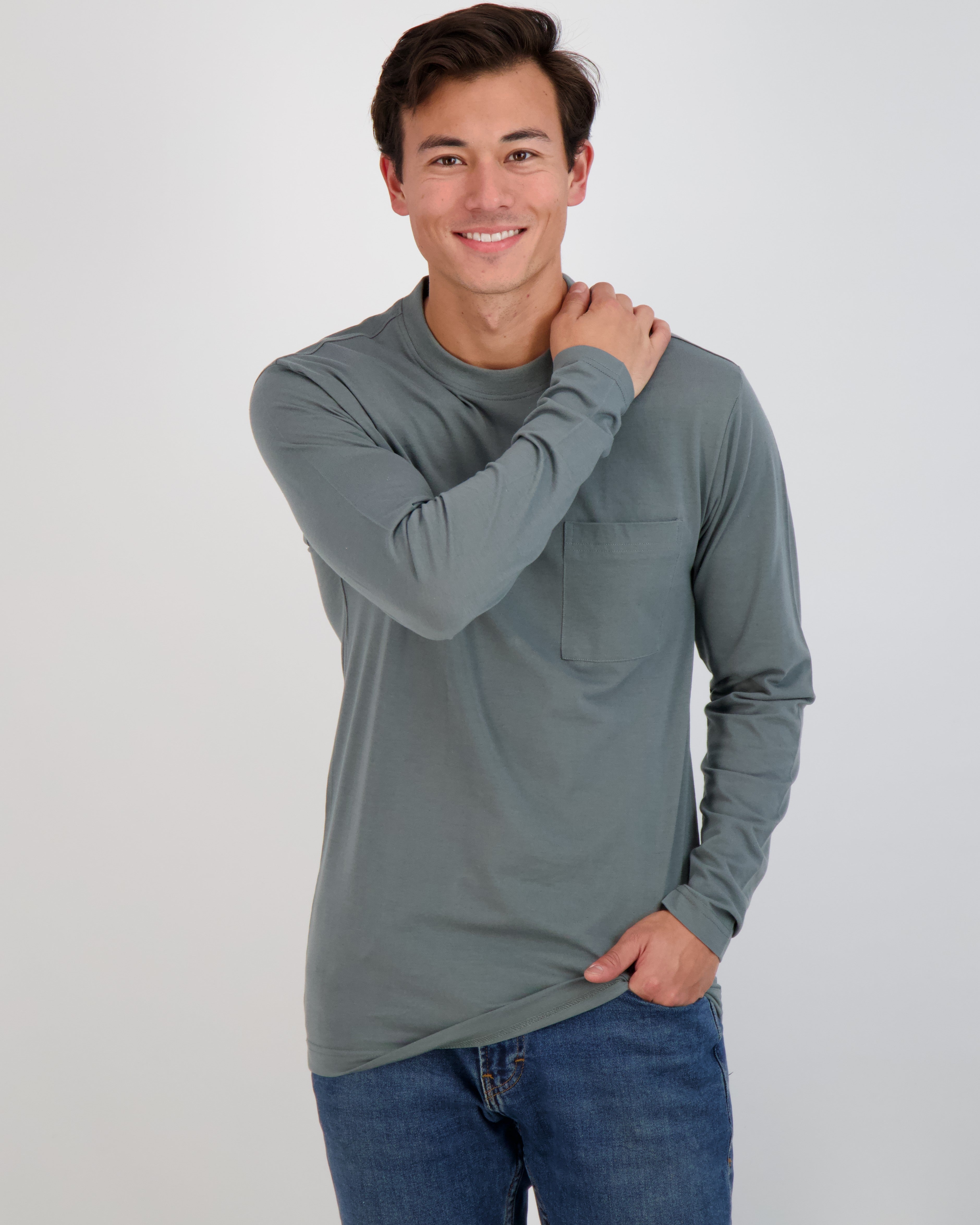 3 Pack: Mens Cotton Long Sleeve Crew Neck Pocket T-Shirt