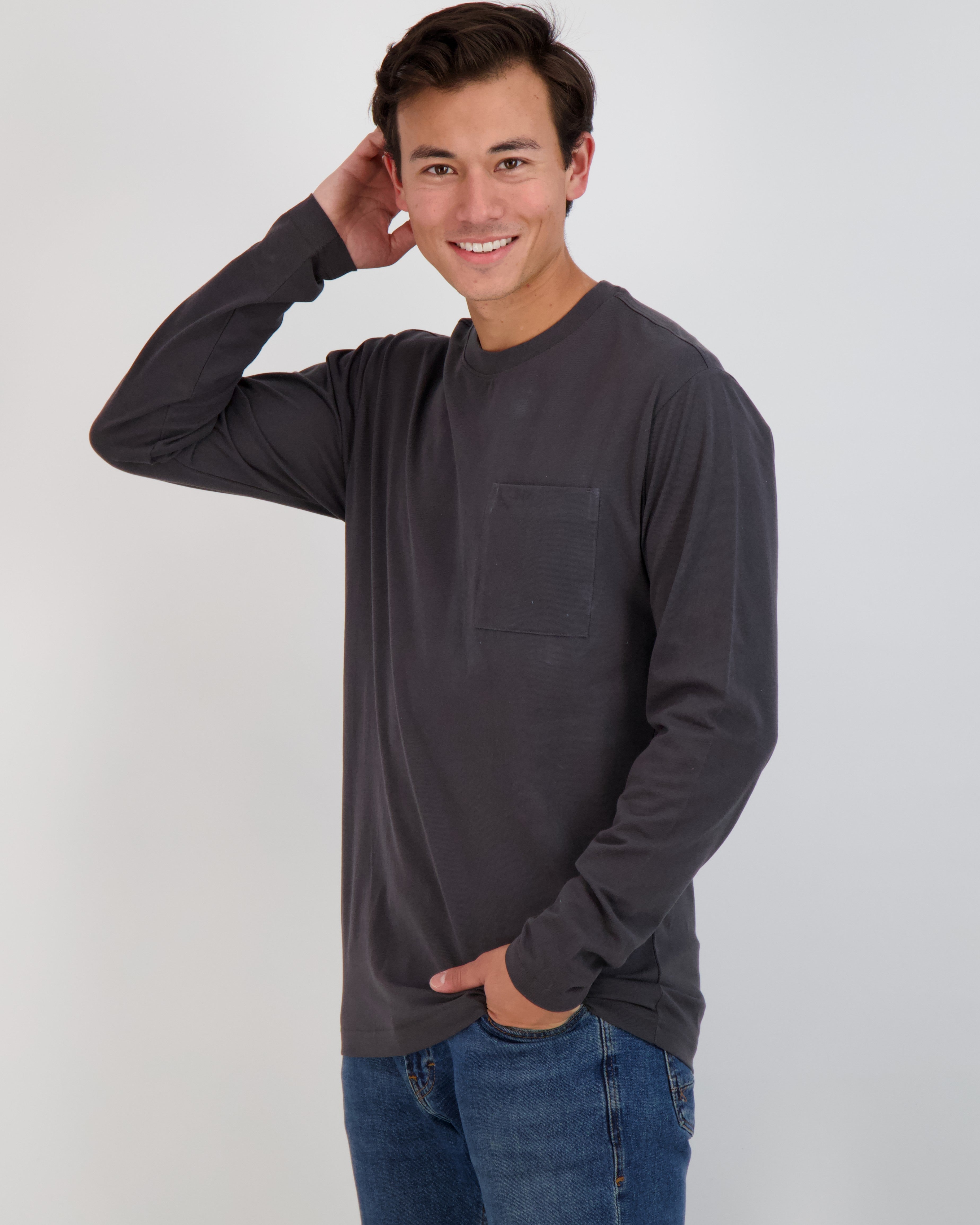 3 Pack: Mens Cotton Long Sleeve Crew Neck Pocket T-Shirt