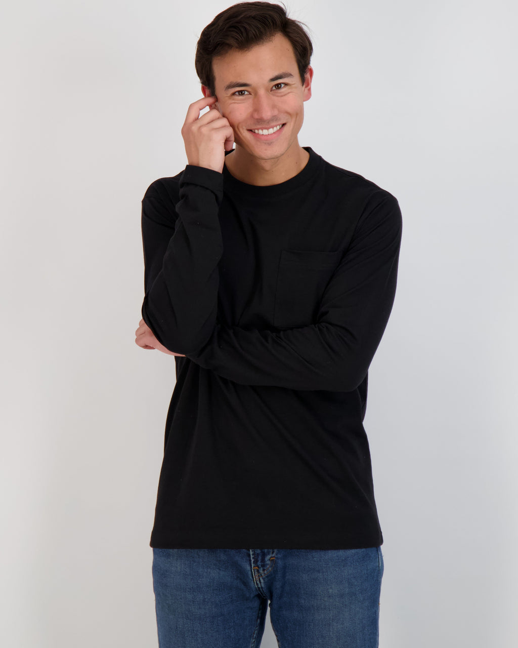 3 Pack: Mens Cotton Long Sleeve Crew Neck Pocket T-Shirt