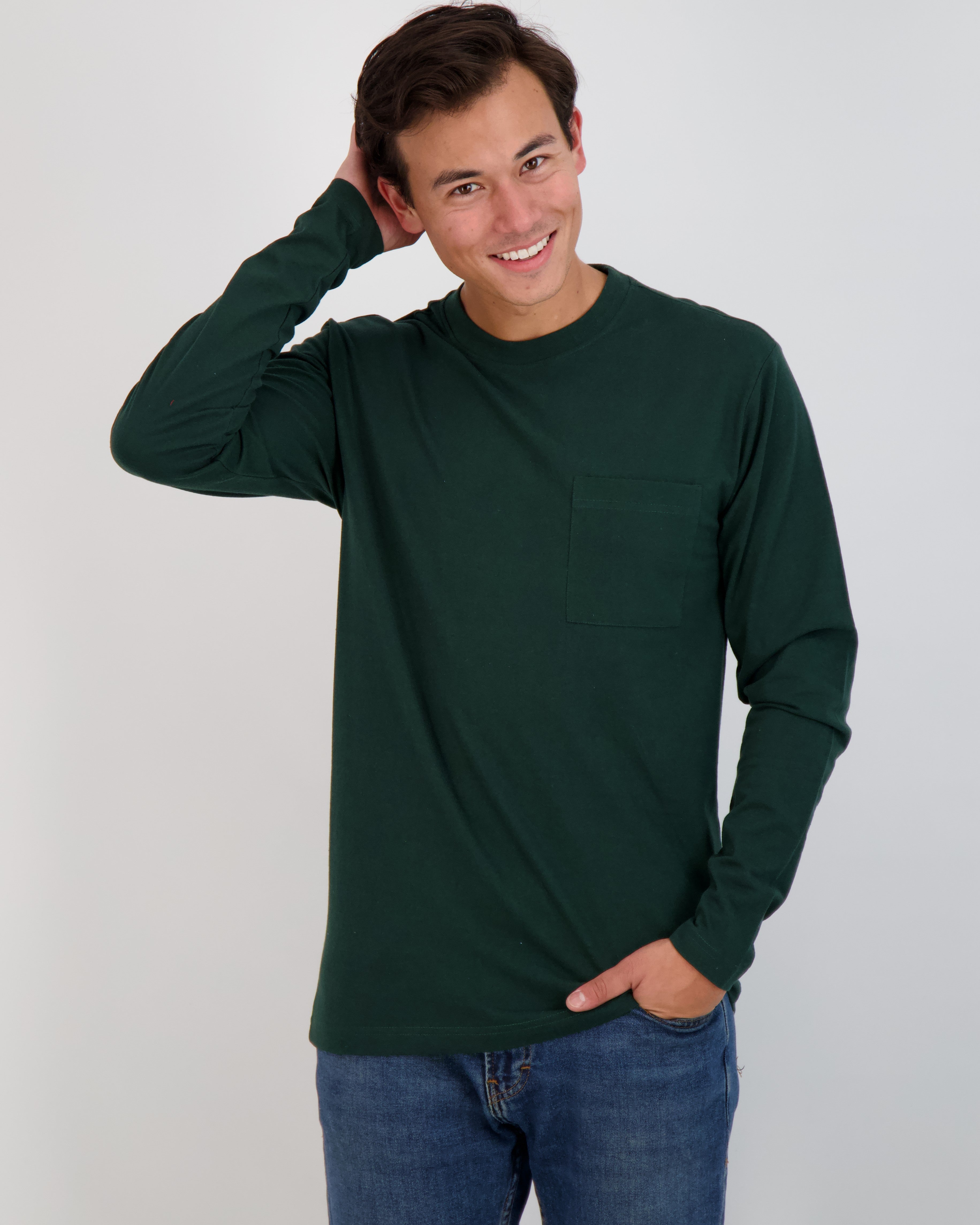 3 Pack: Mens Cotton Long Sleeve Crew Neck Pocket T-Shirt