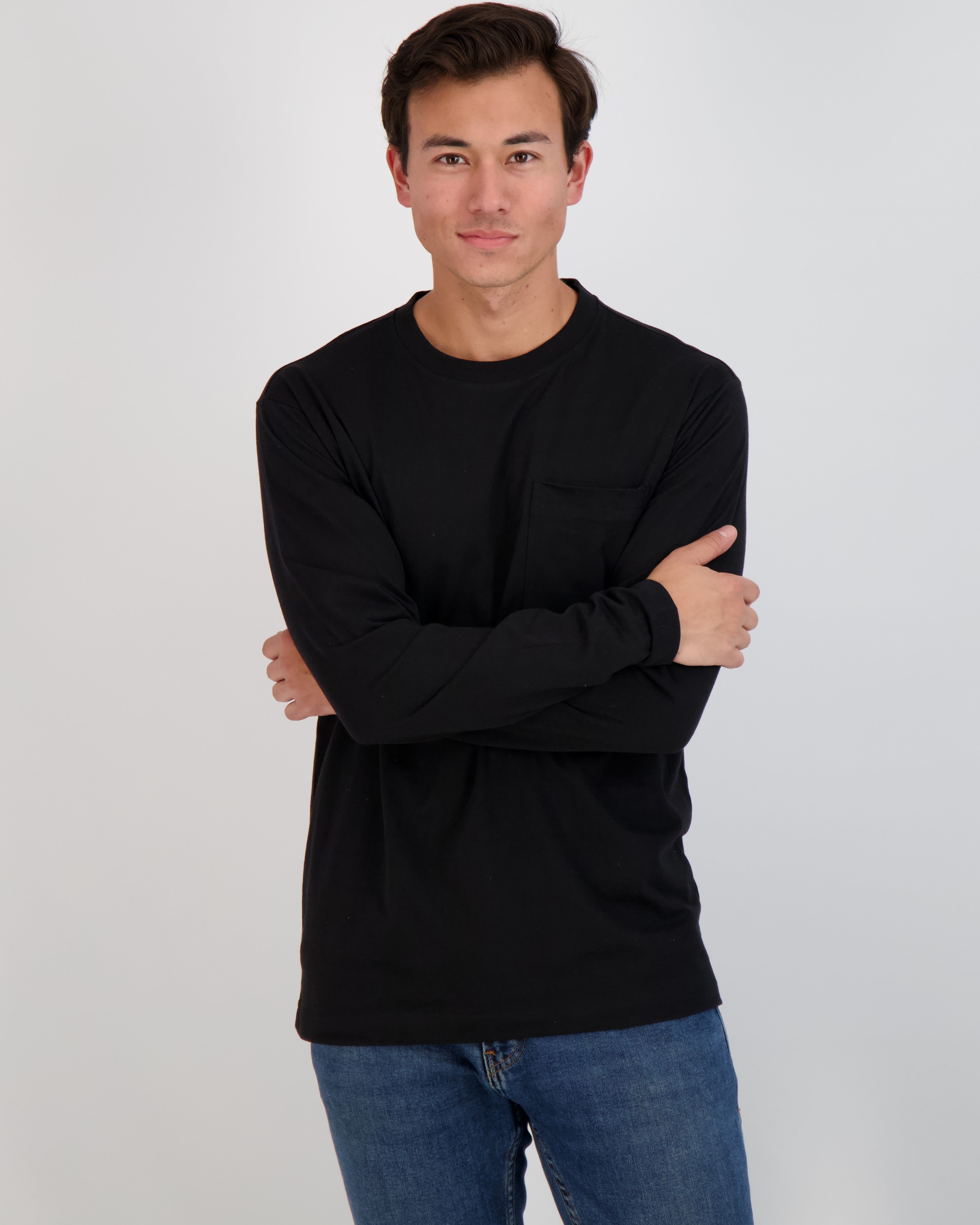 3 Pack: Mens Cotton Long Sleeve Crew Neck Pocket T-Shirt