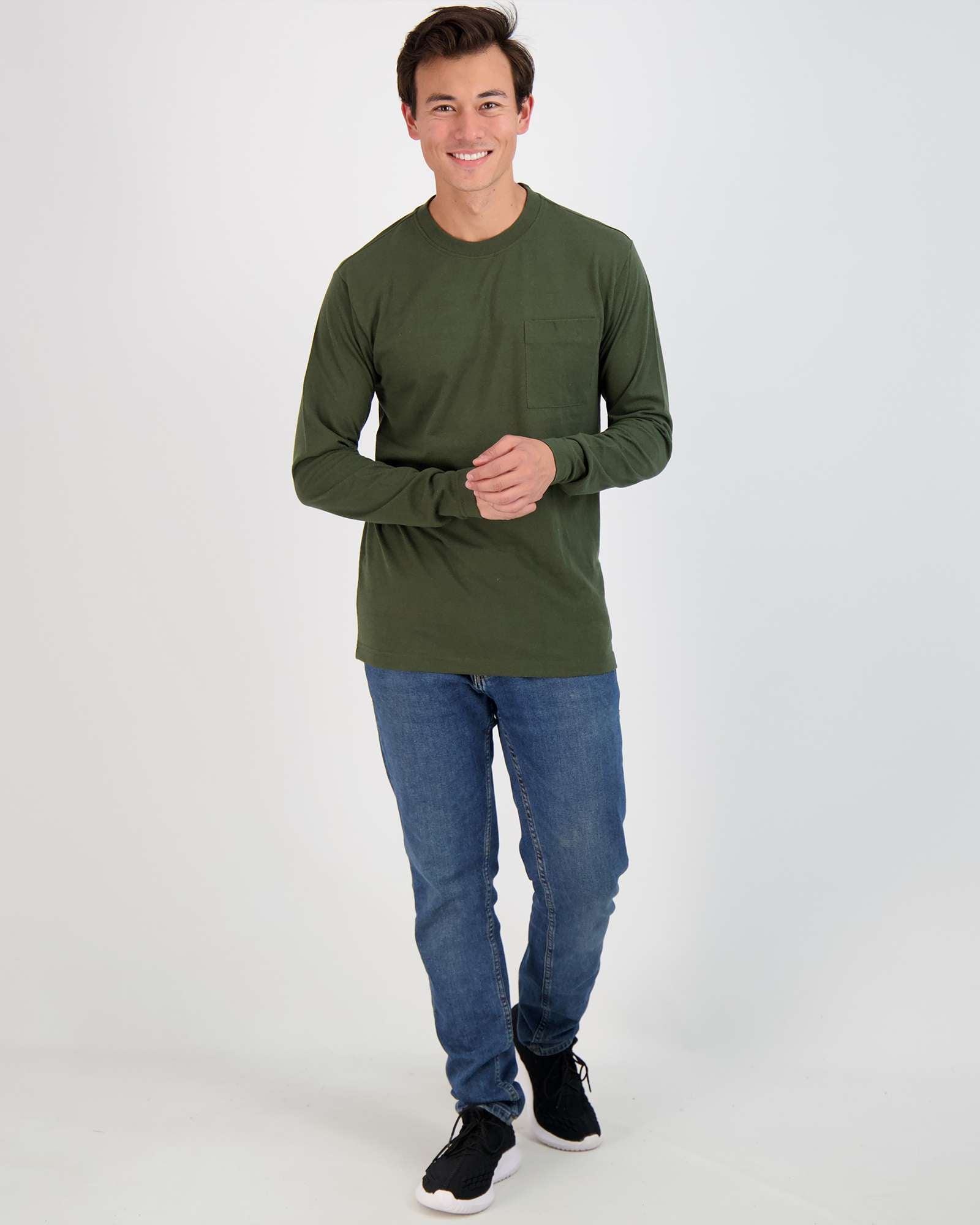 3 Pack: Mens Cotton Long Sleeve Crew Neck Pocket T-Shirt