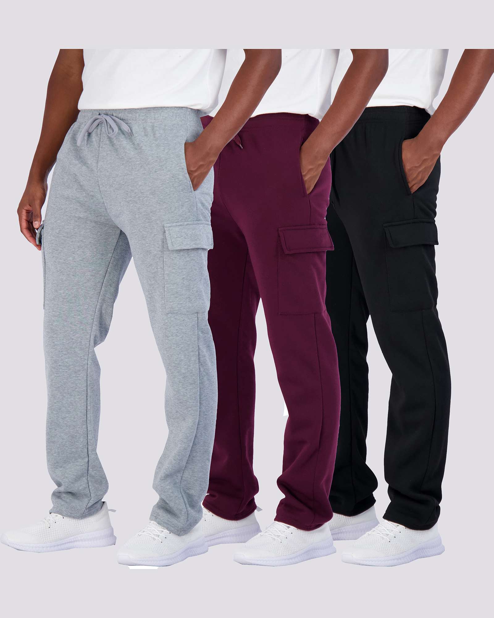 3 Pack: Mens Fleece Cargo Open Bottom Sweatpants