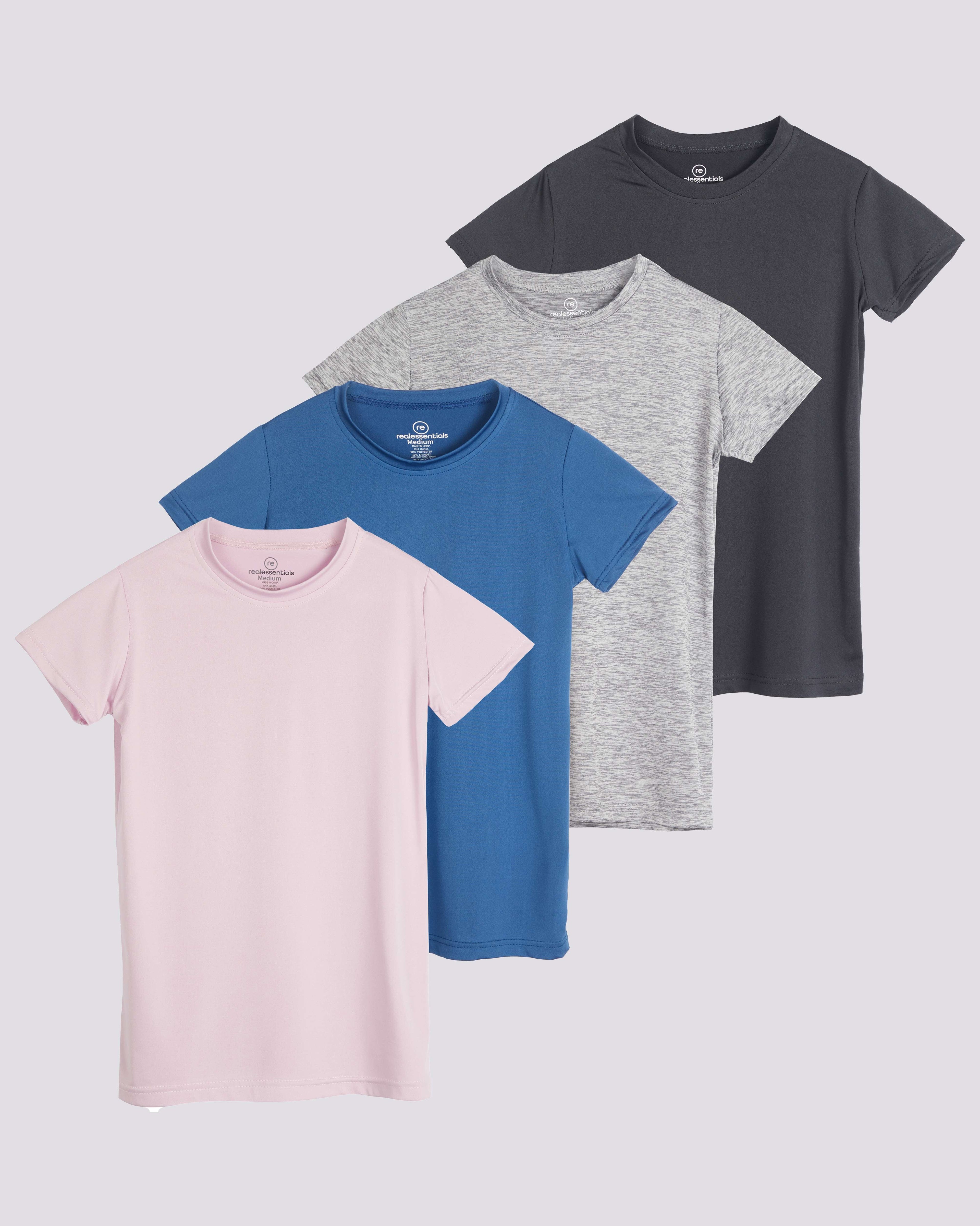 4 Pack: Girls Short Sleeve Dry-Fit Crew Neck Active T-Shirt