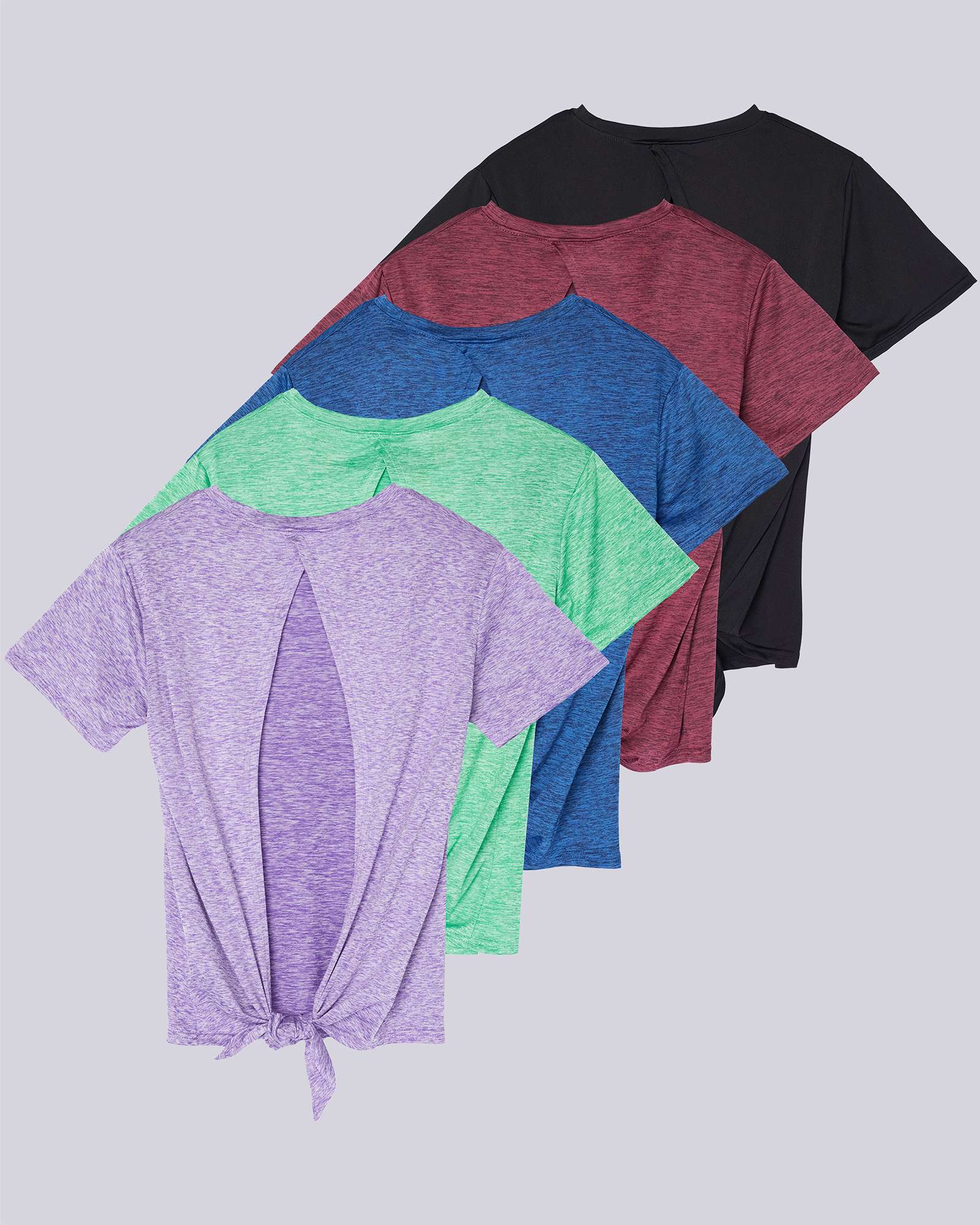 5 Pack: Women's Short Sleeve Open Back Tie Back Dry-Fit T-Shirt