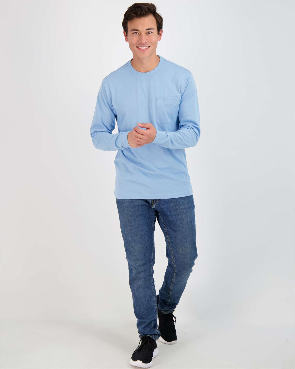 3 Pack: Mens Cotton Long Sleeve Crew Neck Pocket T-Shirt