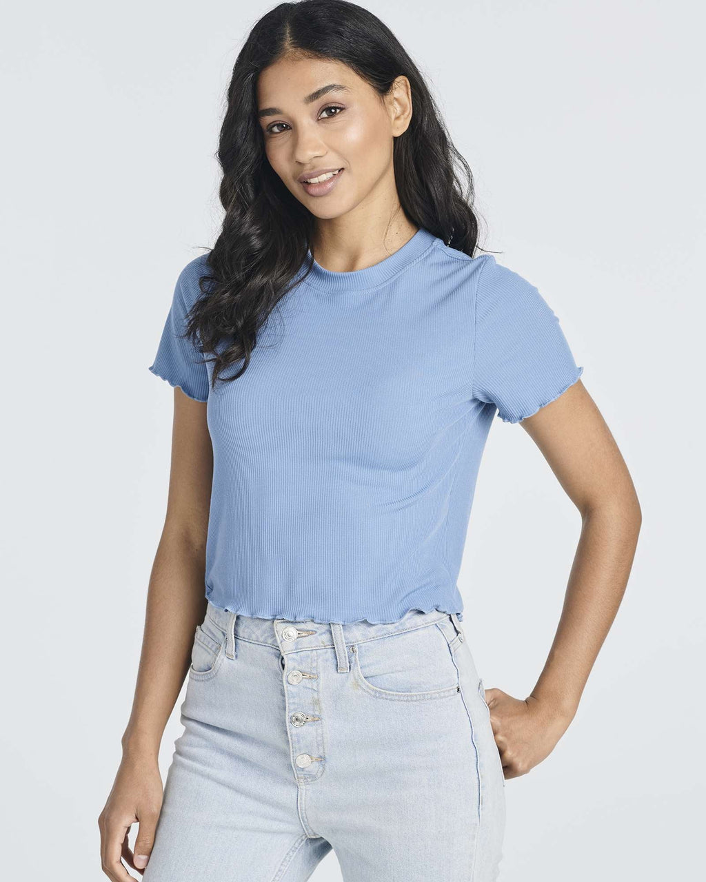 4 Pack: Women's Lettuce Trim Ribbed Knit Short Sleeve Crop Tops