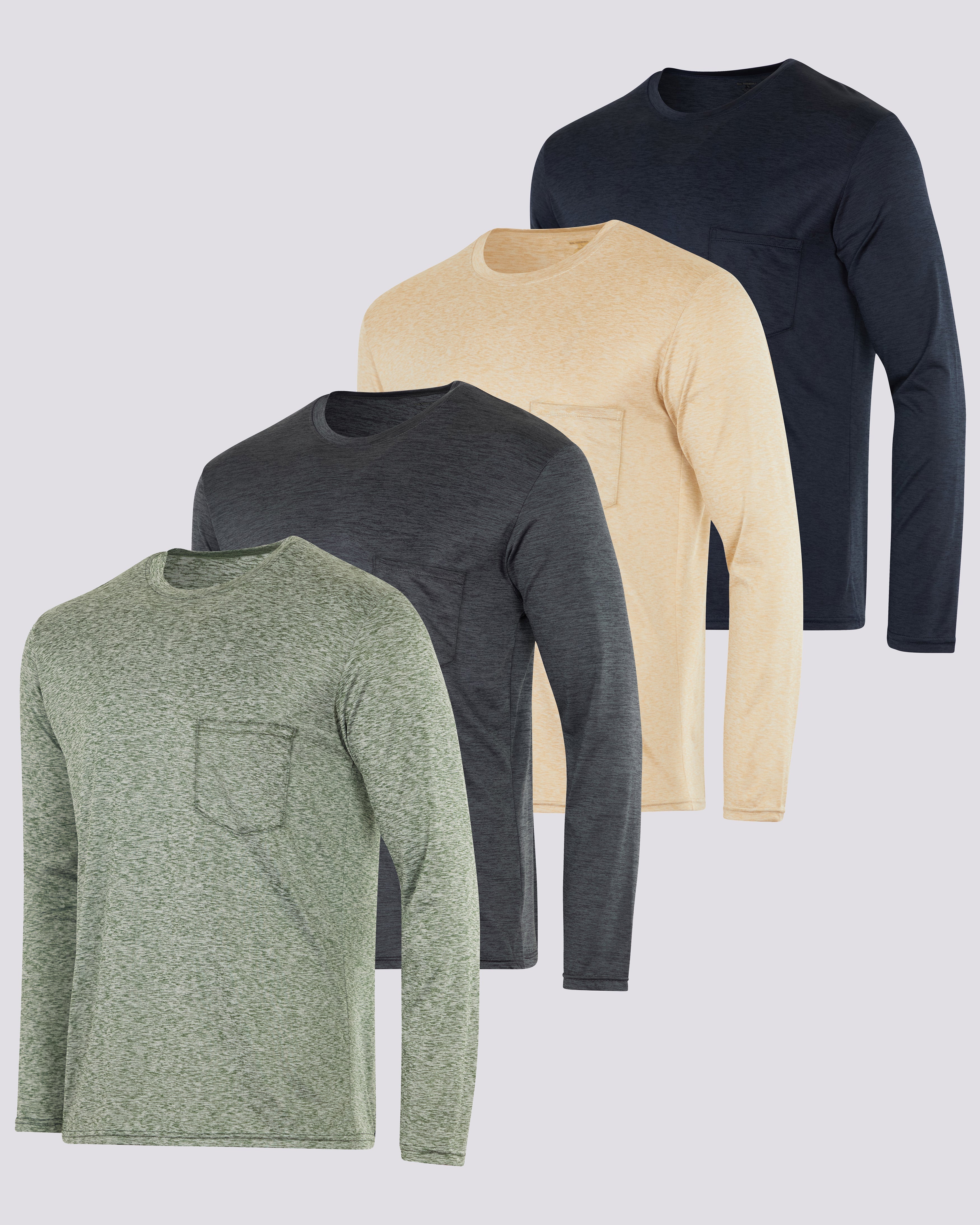 4 Pack: Mens Dry-Fit Long Sleeve Pocket Crew T-Shirt