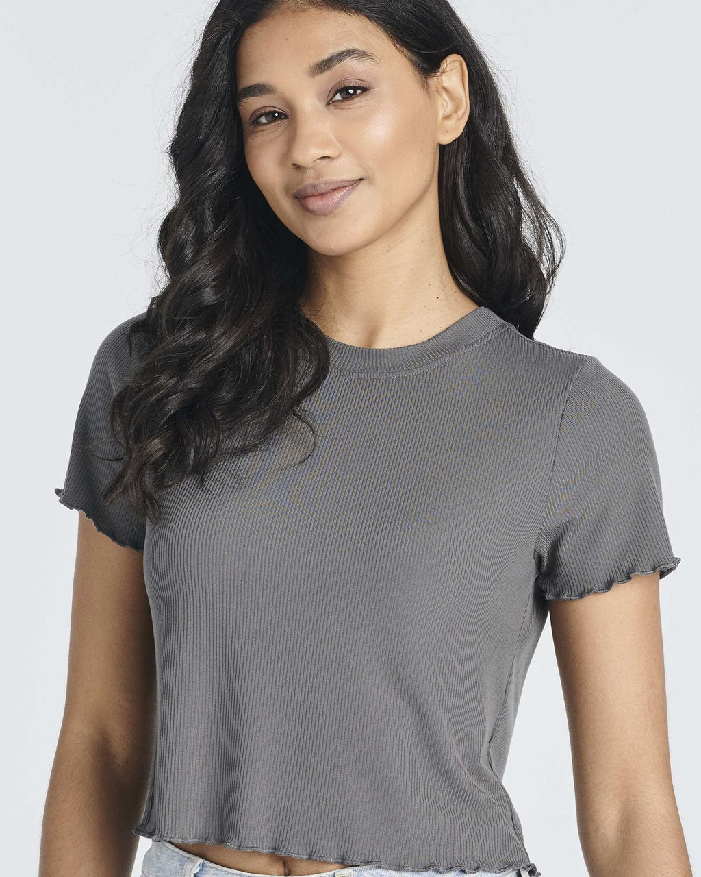 4 Pack: Women's Lettuce Trim Ribbed Knit Short Sleeve Crop Tops