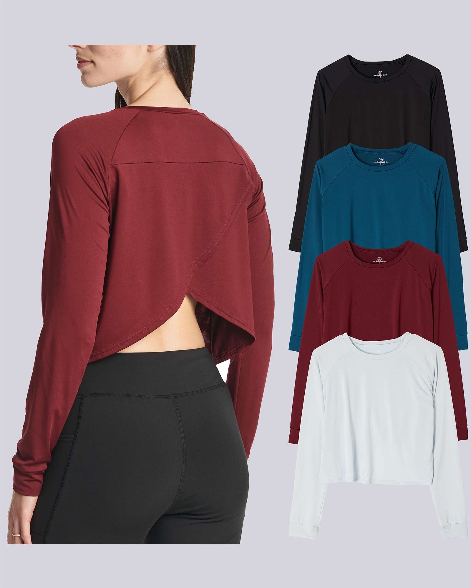 4 Pack: Women's Long Sleeve Petal Back Crop Top (Available in Plus Size)