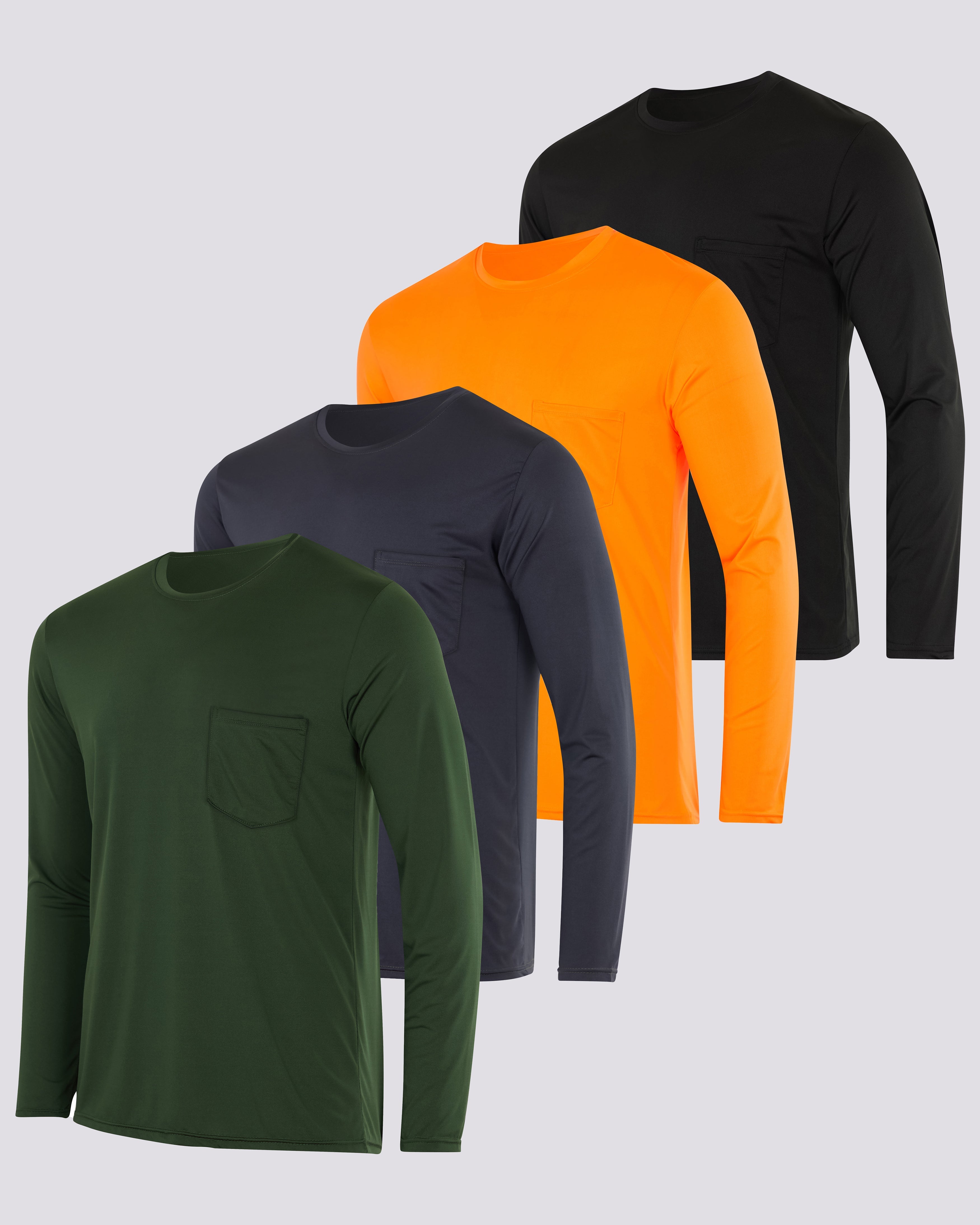 4 Pack: Mens Dry-Fit Long Sleeve Pocket Crew T-Shirt