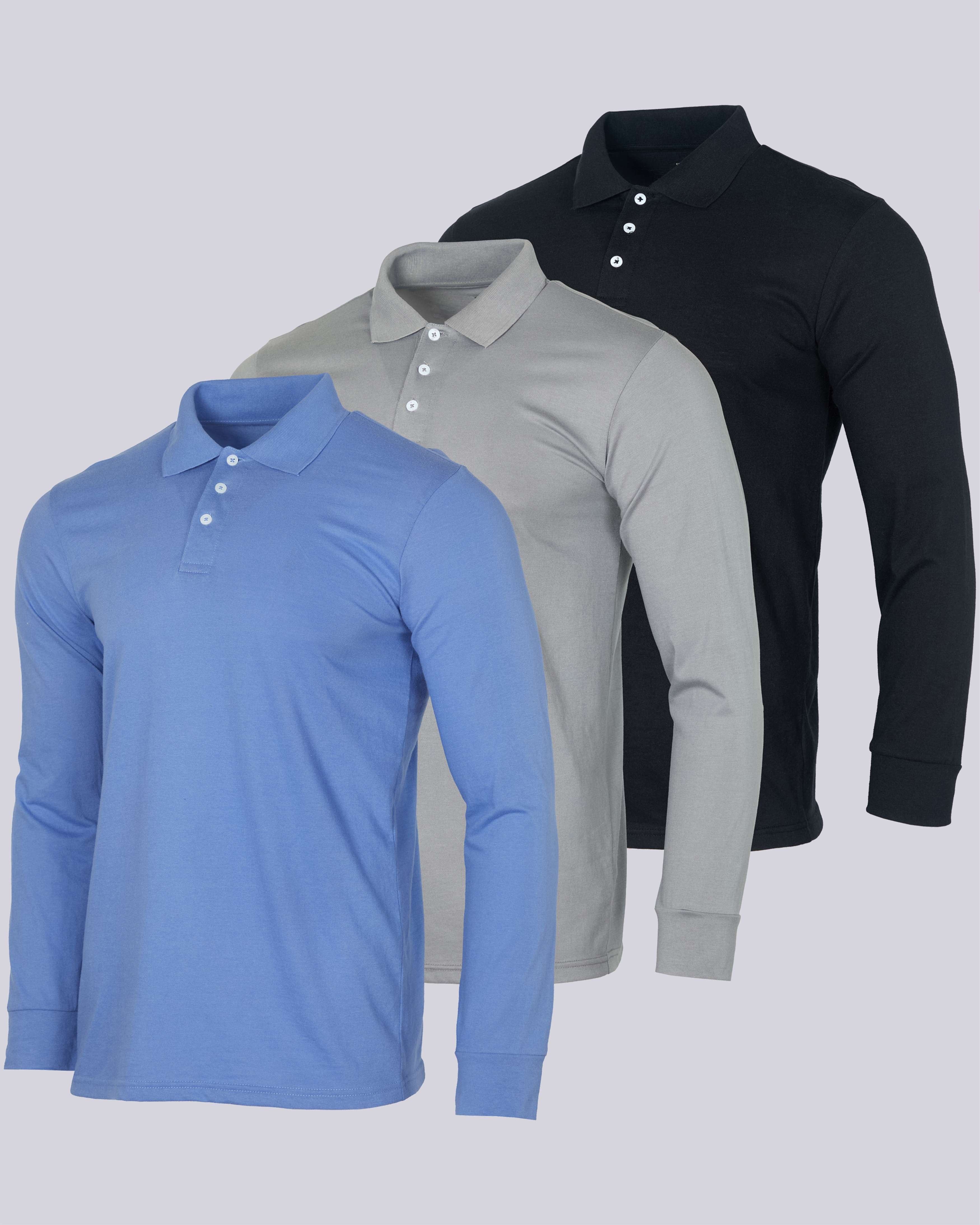 3 Pack: Men's Cotton Jersey Long-Sleeve Polo Shirt (Available in Big & Tall)