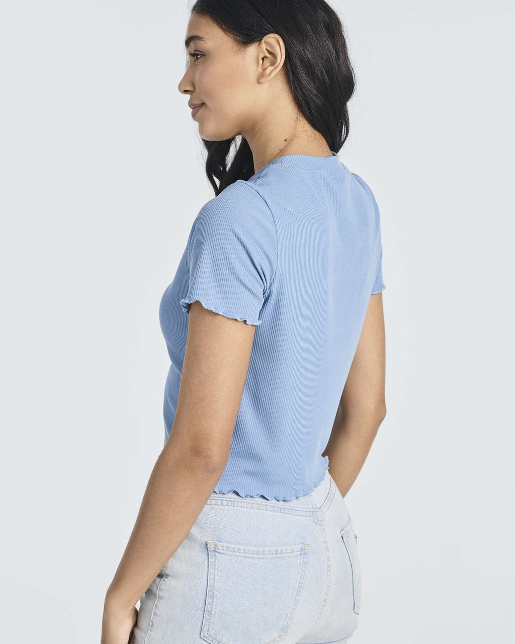 4 Pack: Women's Lettuce Trim Ribbed Knit Short Sleeve Crop Tops