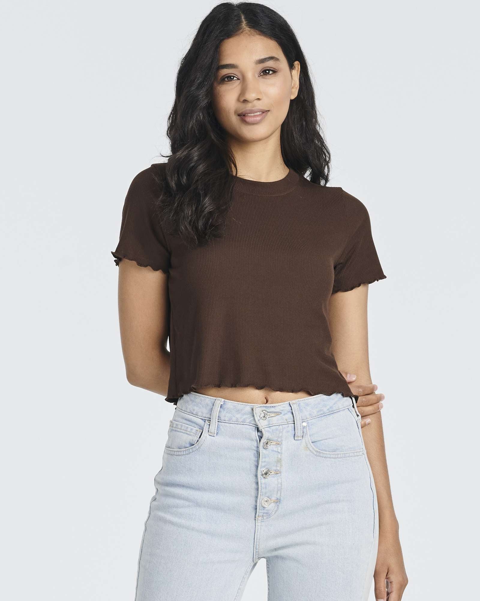 4 Pack: Women's Lettuce Trim Ribbed Knit Short Sleeve Crop Tops