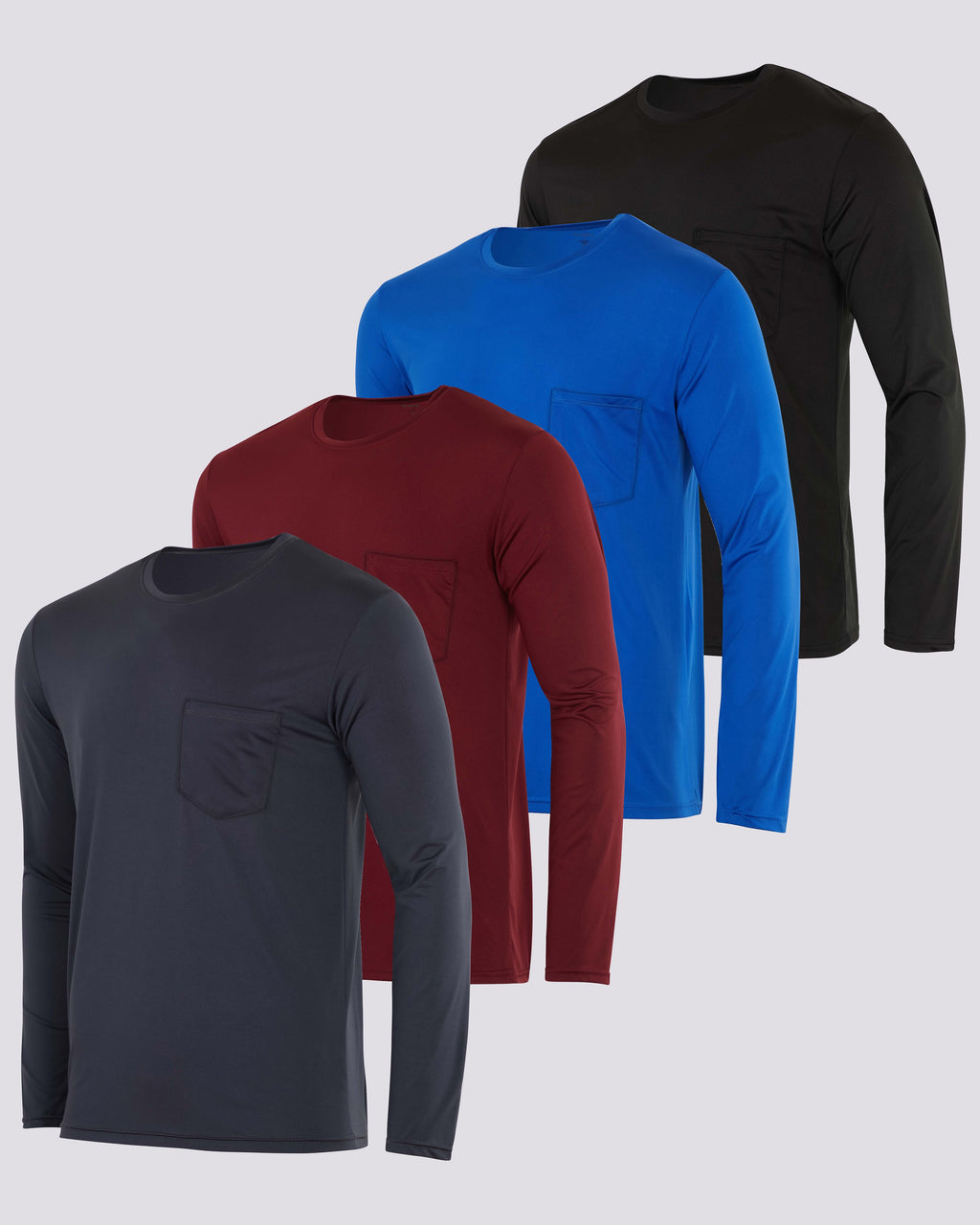 4 Pack: Mens Dry-Fit Long Sleeve Pocket Crew T-Shirt