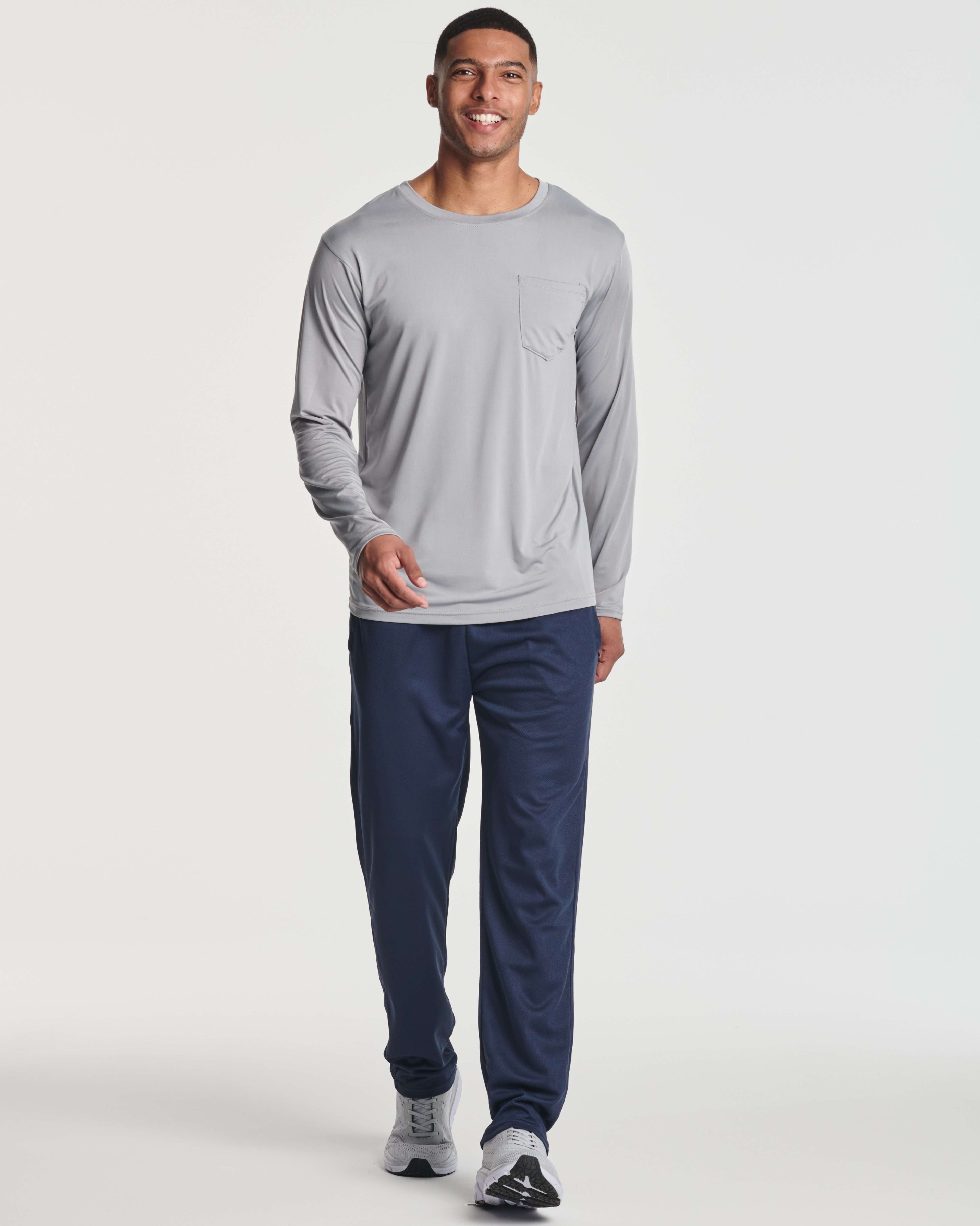 4 Pack: Mens Dry-Fit Long Sleeve Pocket Crew T-Shirt