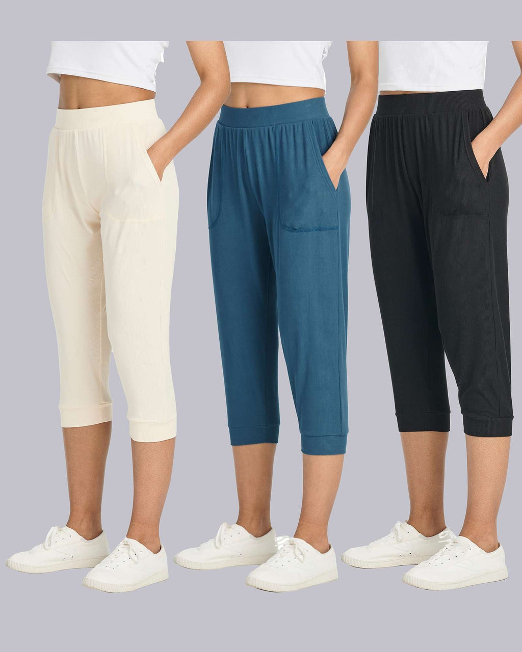 3 Pack: Women's Ribbed Capri Jogger Lounge Sweatpants