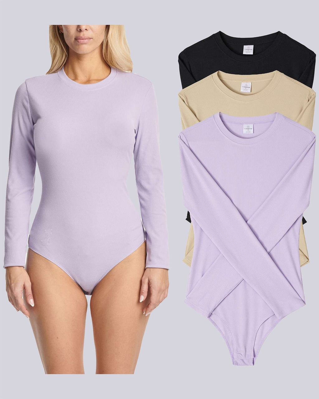 3 Pack: Women's Long Sleeve Ribbed Bodysuit