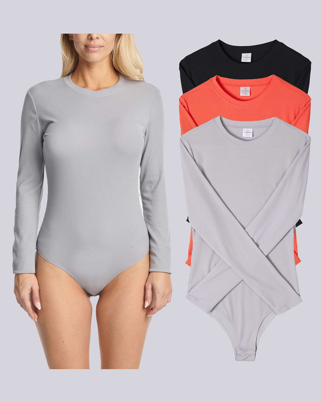 3 Pack: Women's Long Sleeve Ribbed Bodysuit