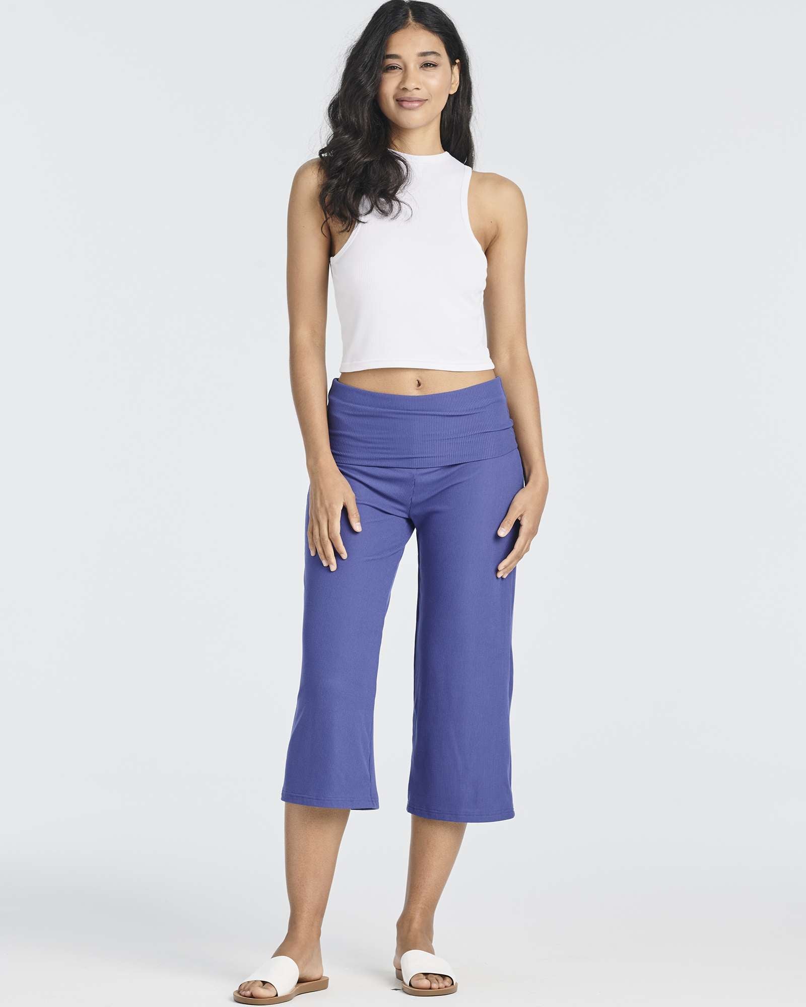 3 Pack: Women's Ribbed Foldover Wide Leg Capri Pants