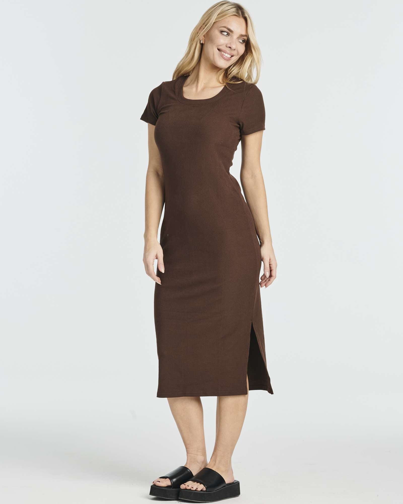 3 Pack: Women's Ribbed Jersey Crew Neck Midi Dress