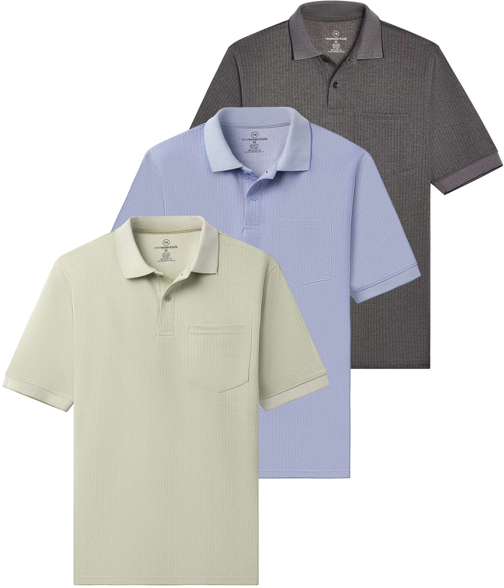 3 Pack: Men's Ribbed CVC SS Polo Shirt With Pocket - Breathable Performance Polo (Available in Big & Tall)