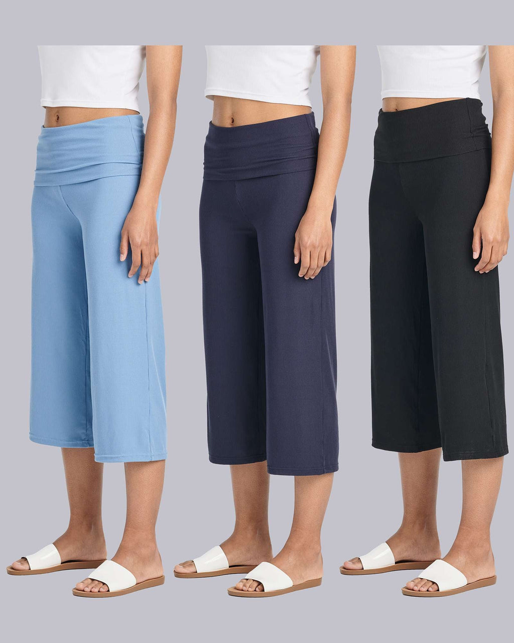 3 Pack: Women's Ribbed Foldover Wide Leg Capri Pants