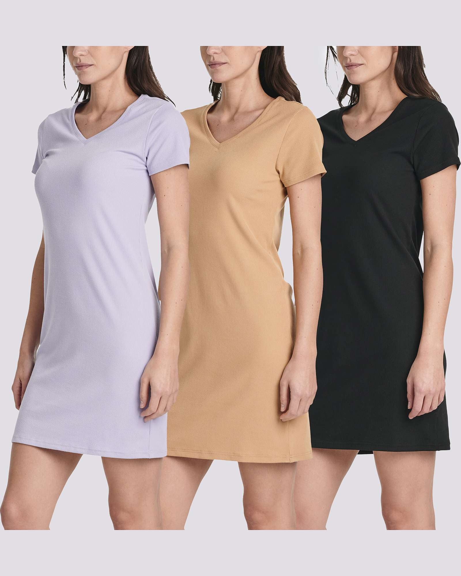 3 Pack: Women's Ribbed Knit Short-Sleeve V-Neck Swing Dress