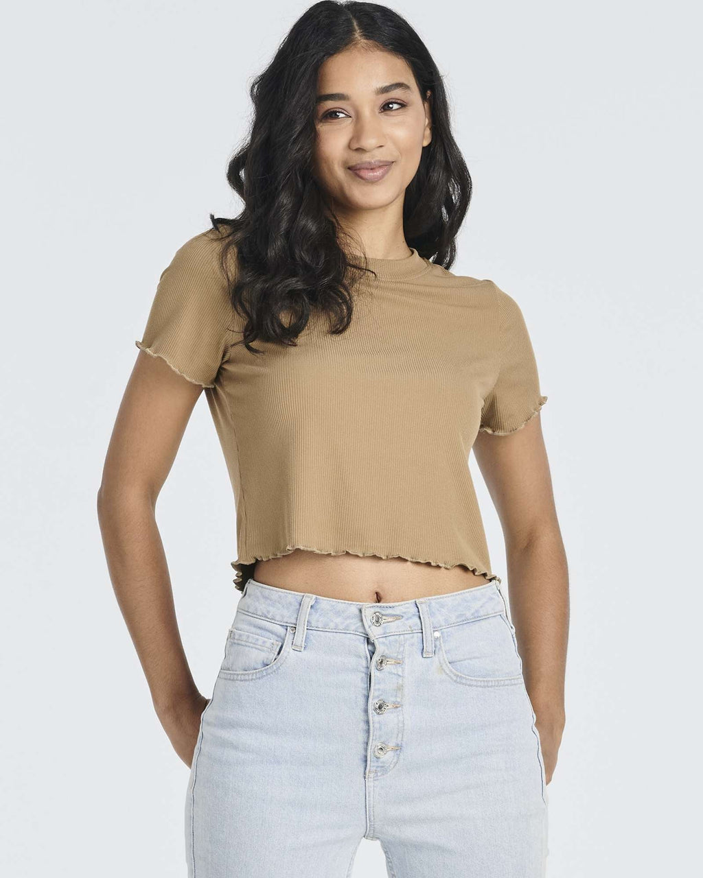 4 Pack: Women's Lettuce Trim Ribbed Knit Short Sleeve Crop Tops