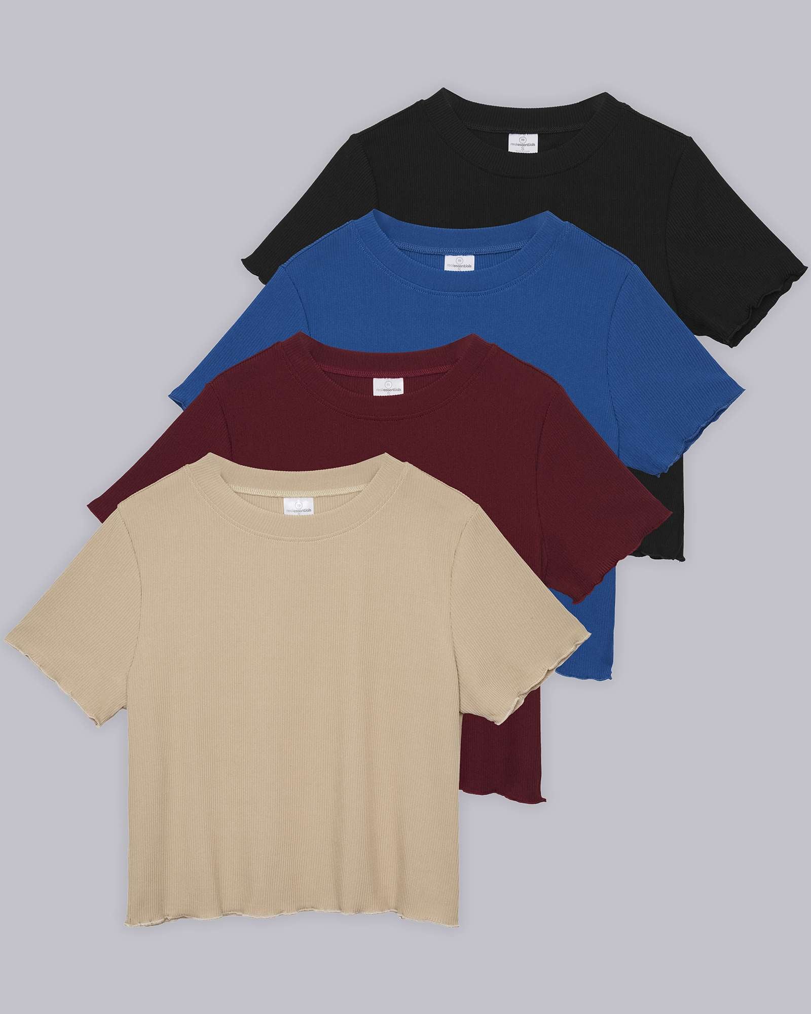 4 Pack: Women's Lettuce Trim Ribbed Knit Short Sleeve Crop Tops