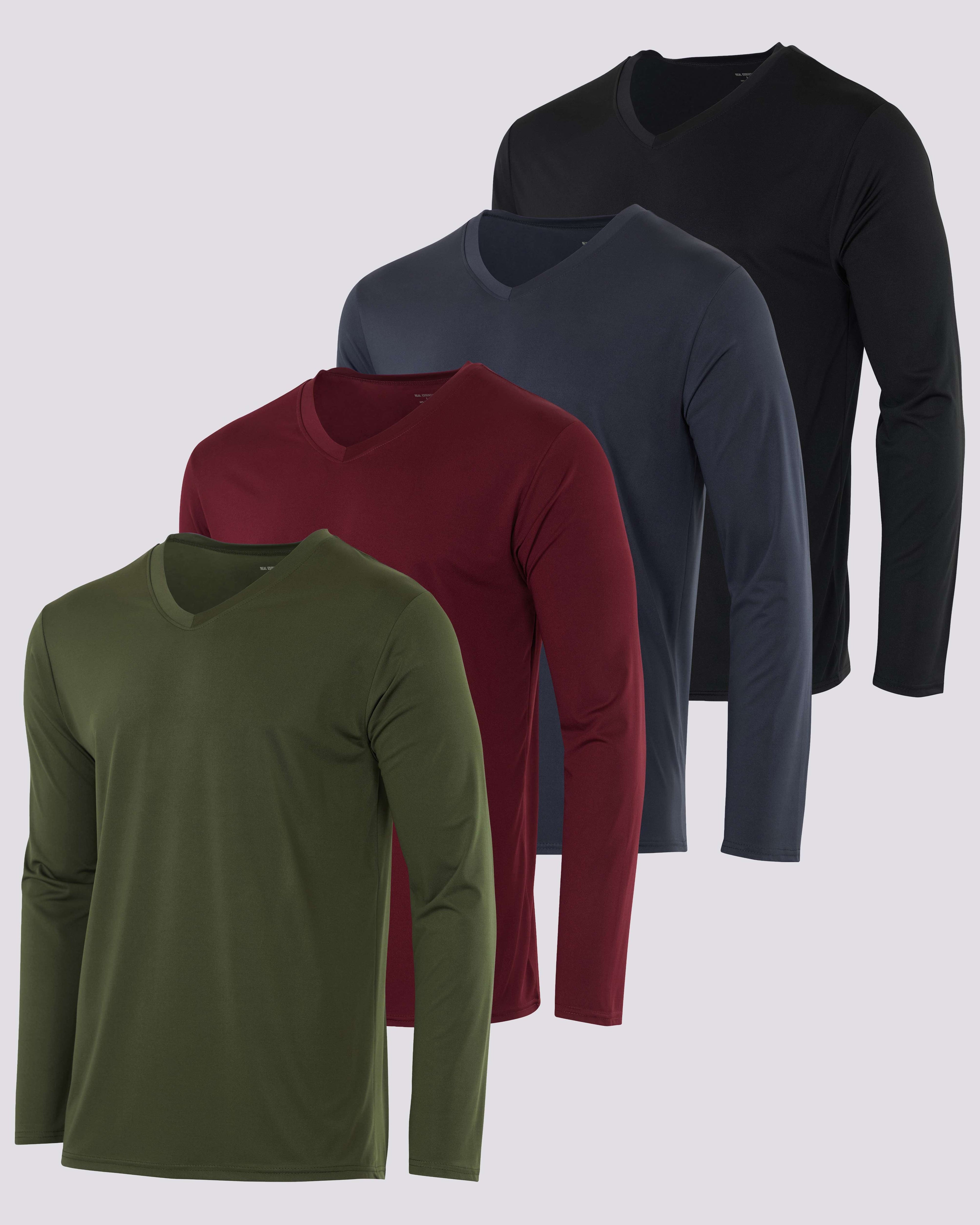 4 Pack: Mens V-Neck Long Sleeve Dry Fit T-Shirt
