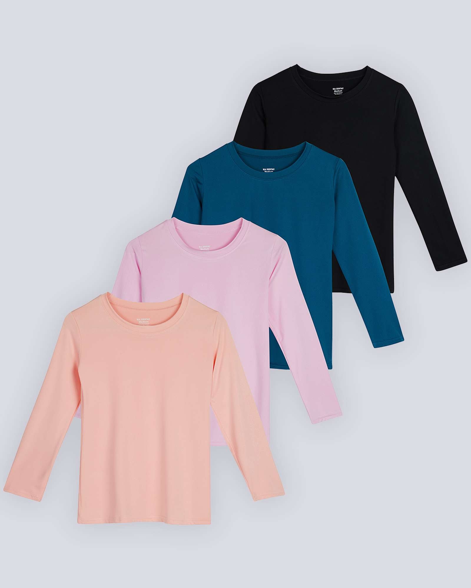 4 Pack: Girls Dry-Fit Long Sleeve Active Crew Neck T-Shirt