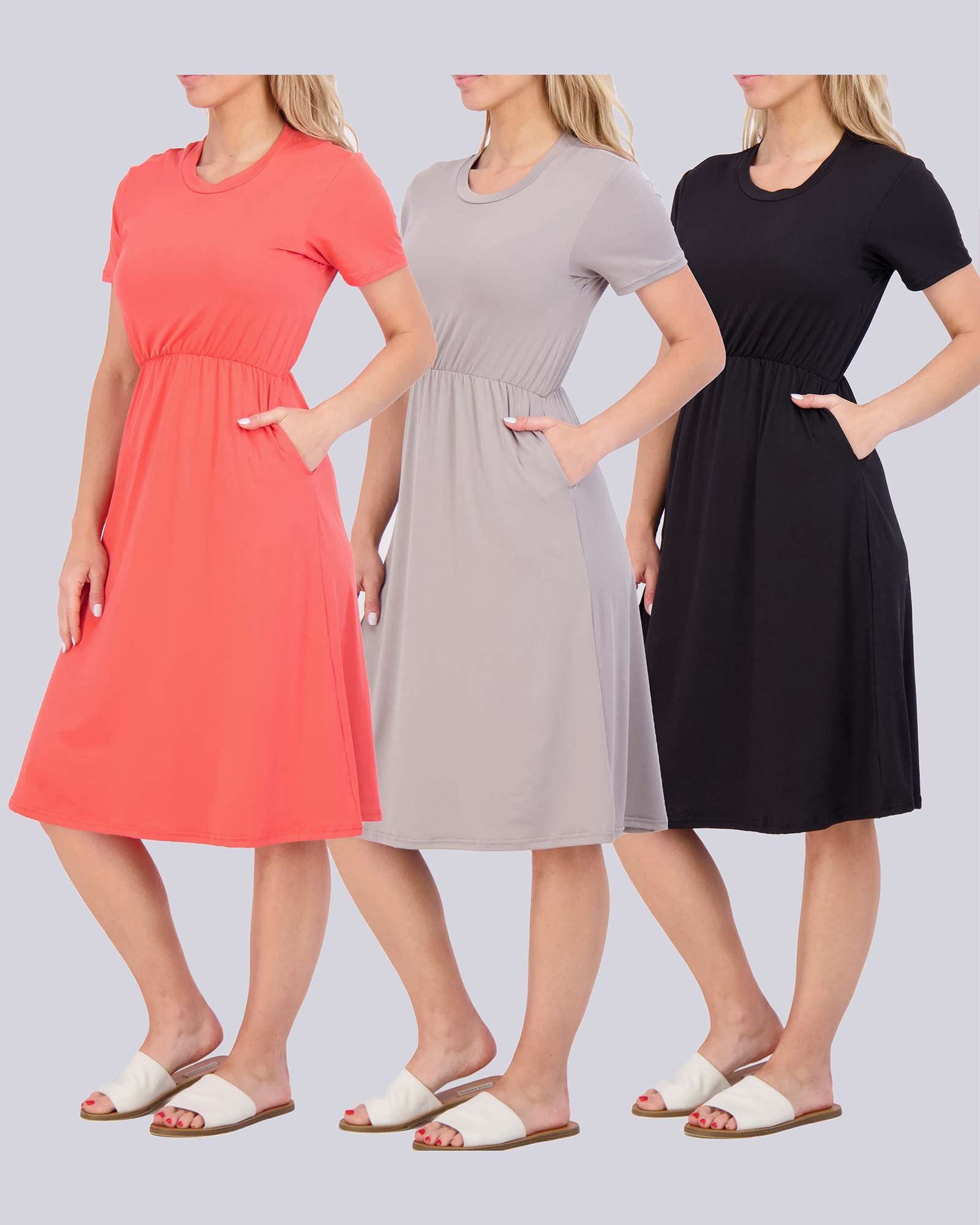 3 Pack: Women's Midi Short Sleeve Soft T-Shirt Dress (Available in Plus Size)
