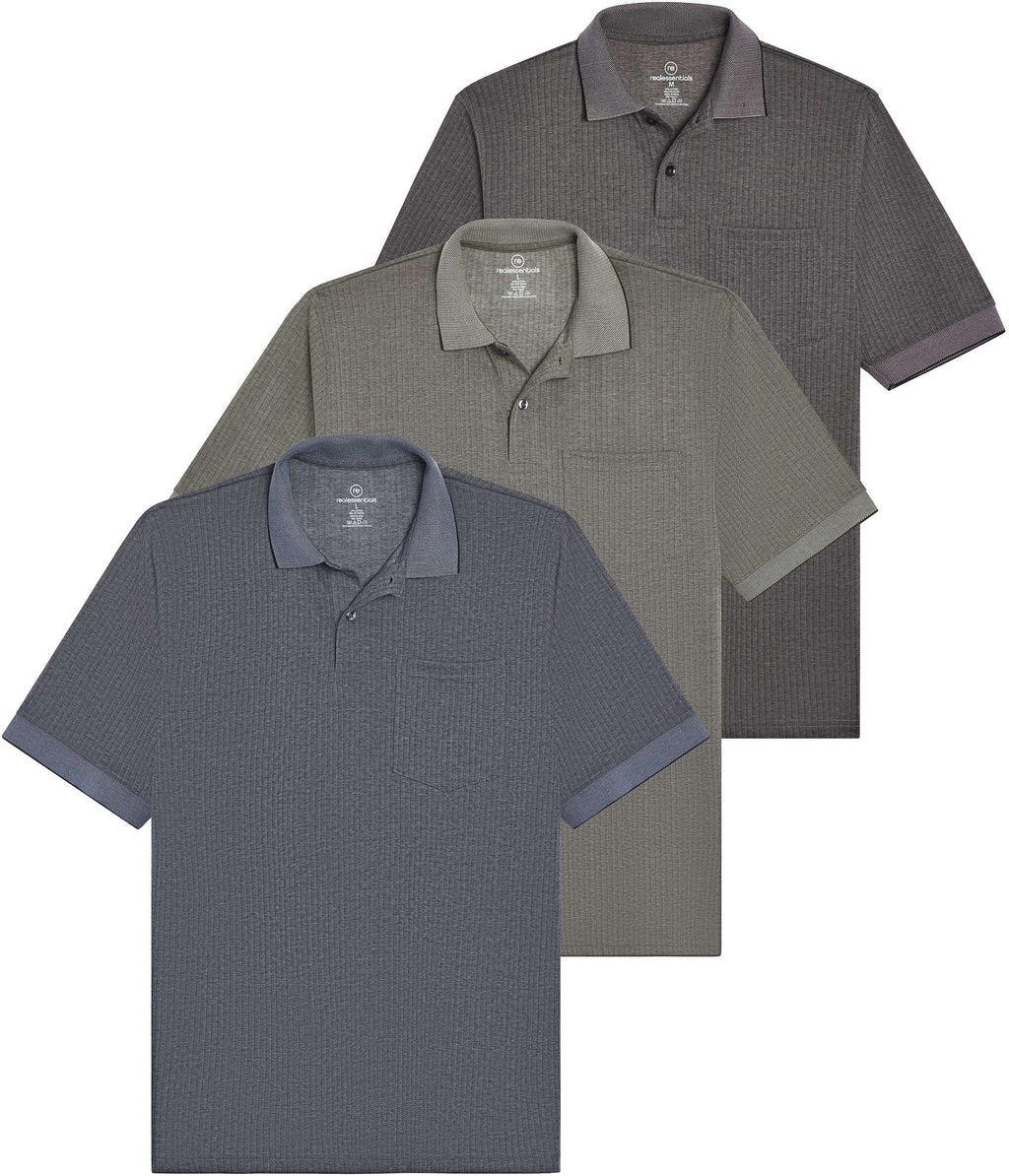 3 Pack: Men's Ribbed CVC SS Polo Shirt With Pocket - Breathable Performance Polo (Available in Big & Tall)