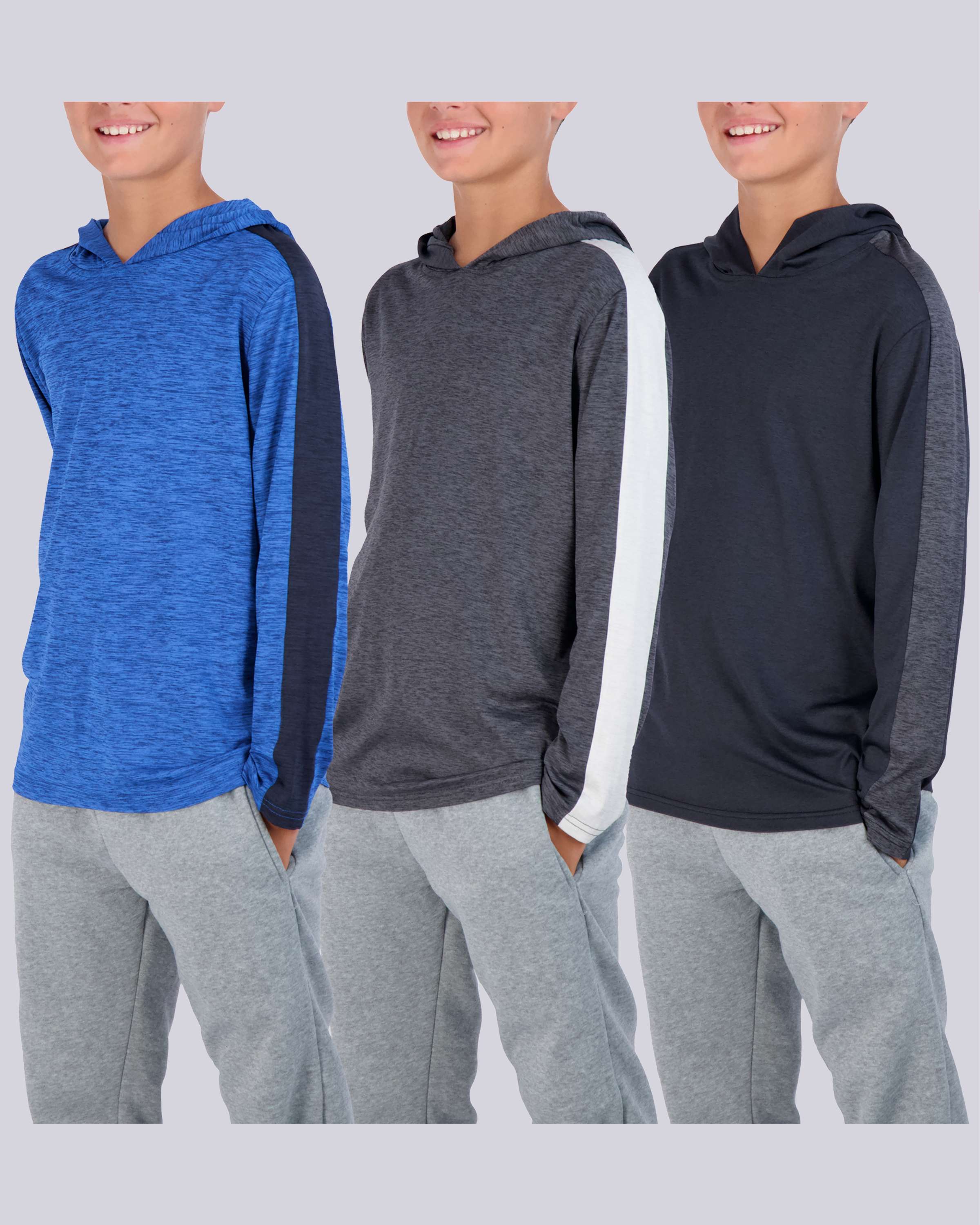 3 Pack: Boys Dry Fit Long Sleeve Active Pullover Hoodie Sweatshirt