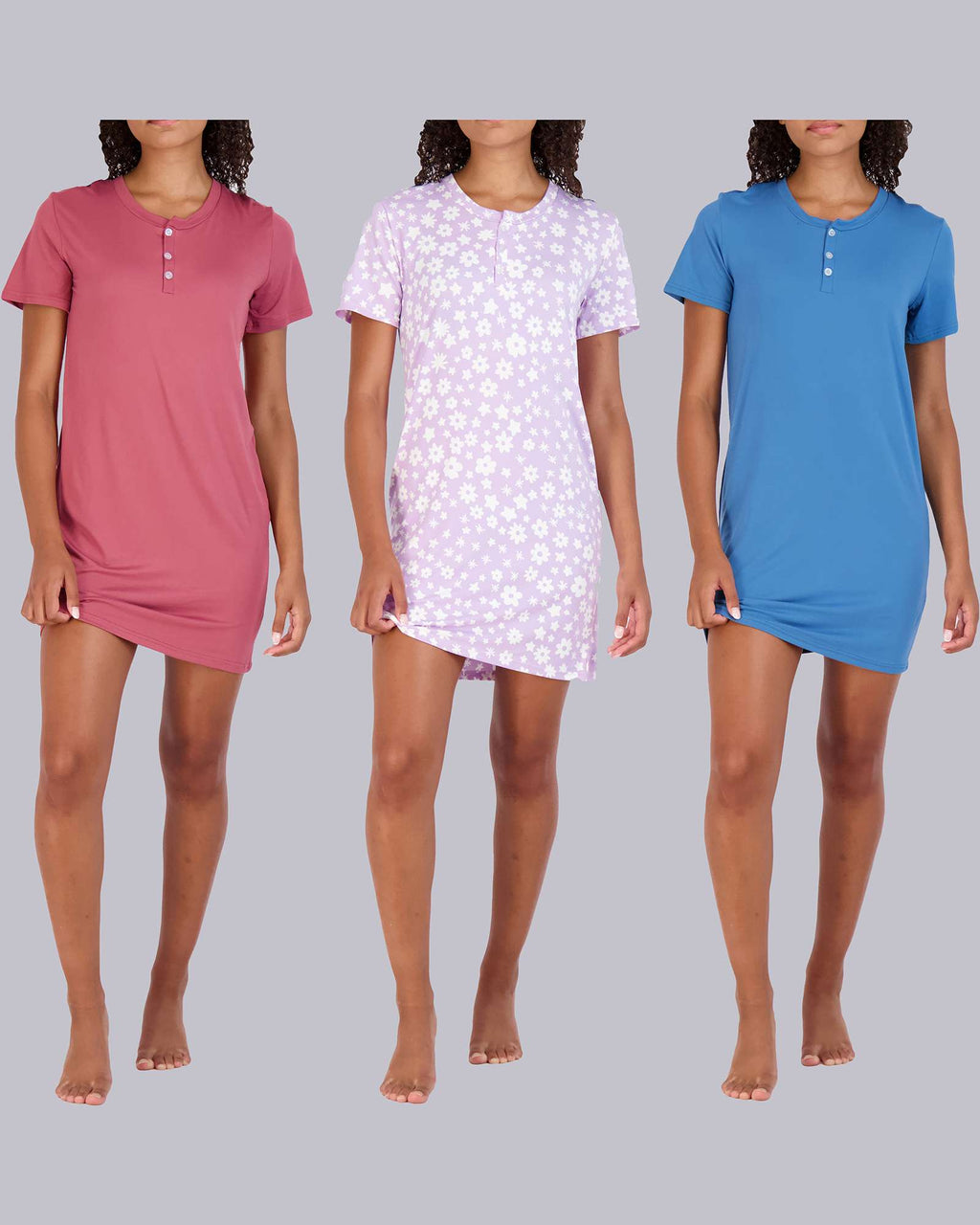 3 Pack: Womens Short Sleeve Henley Nightshirt Nightgown Sleep Dress