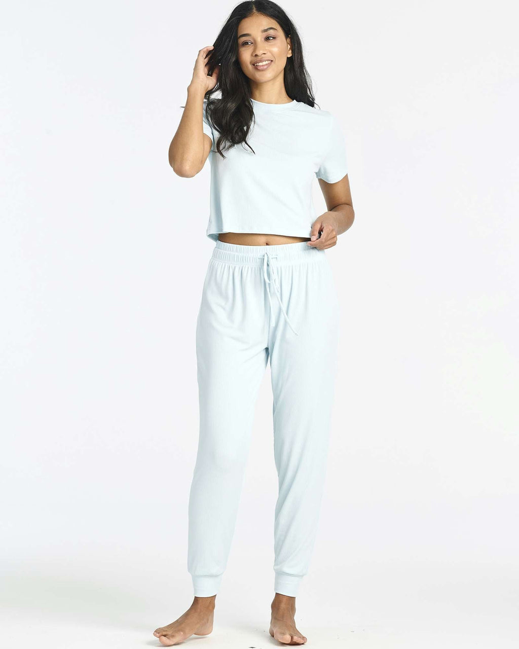 2 Pack: Women's Ribbed Knit Cropped Top with Jogger Sweatpants