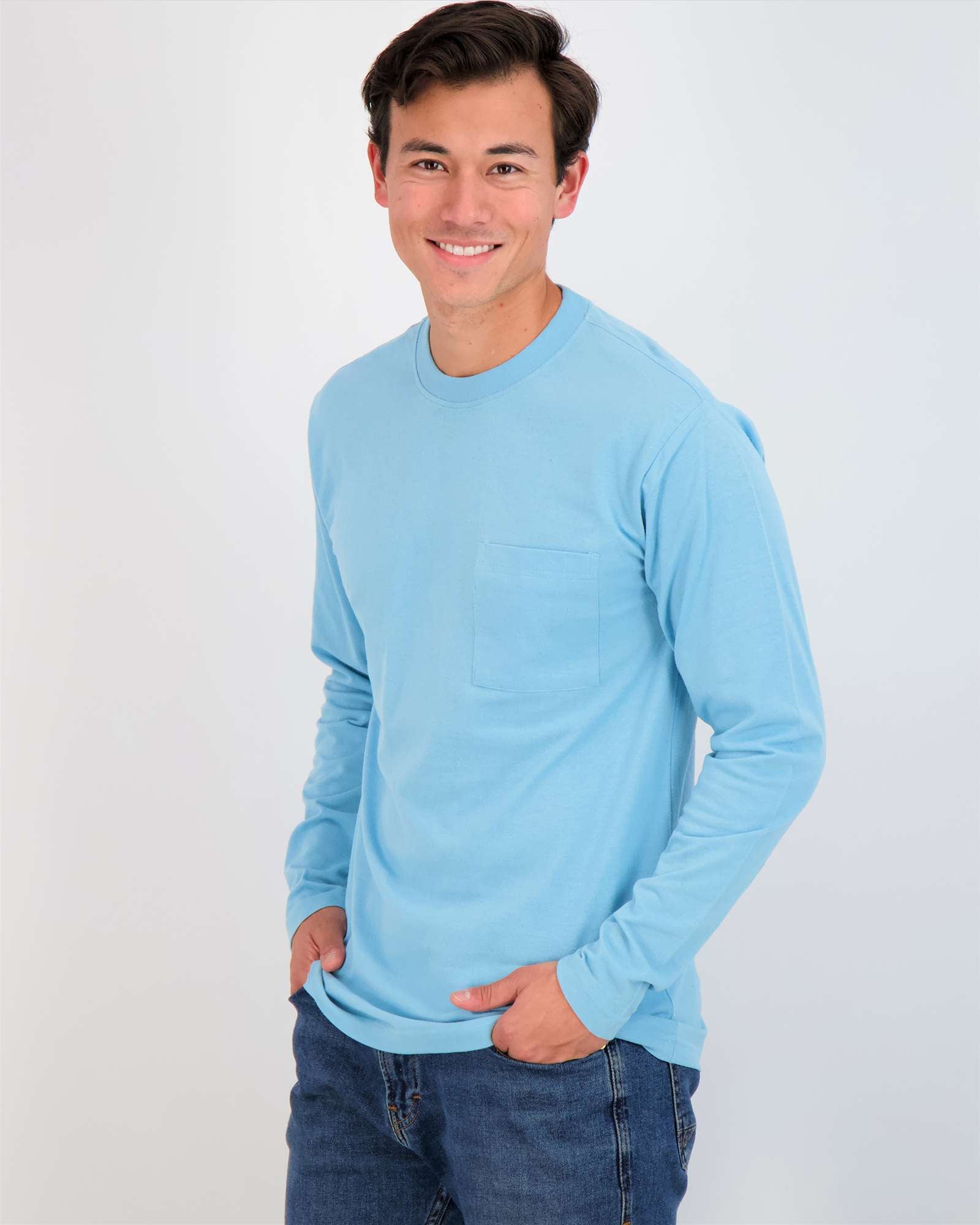 3 Pack: Mens Cotton Long Sleeve Crew Neck Pocket T-Shirt